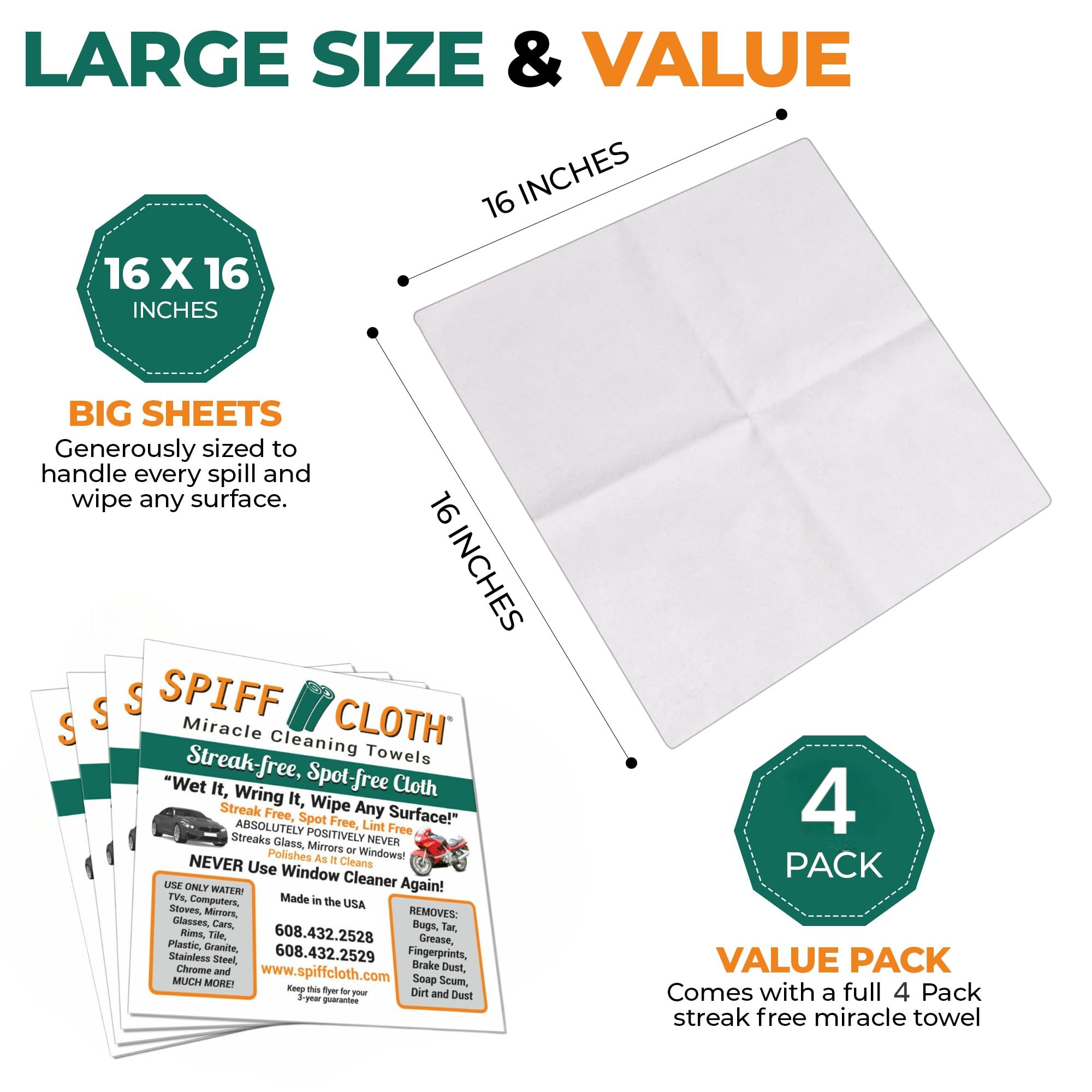 4-Count, Miracle Cleaning Towels, Streak-Free, Cleans with Just Water, 16" x 16" Reusable Washable Cloths (4 Count)