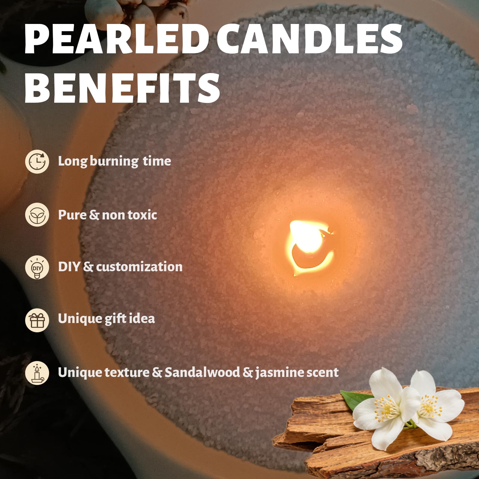 Sandalwood & Jasmine Scented White Pearled Candle 18oz Luxury Sand Candle Granulated Wax (18 Ounce)