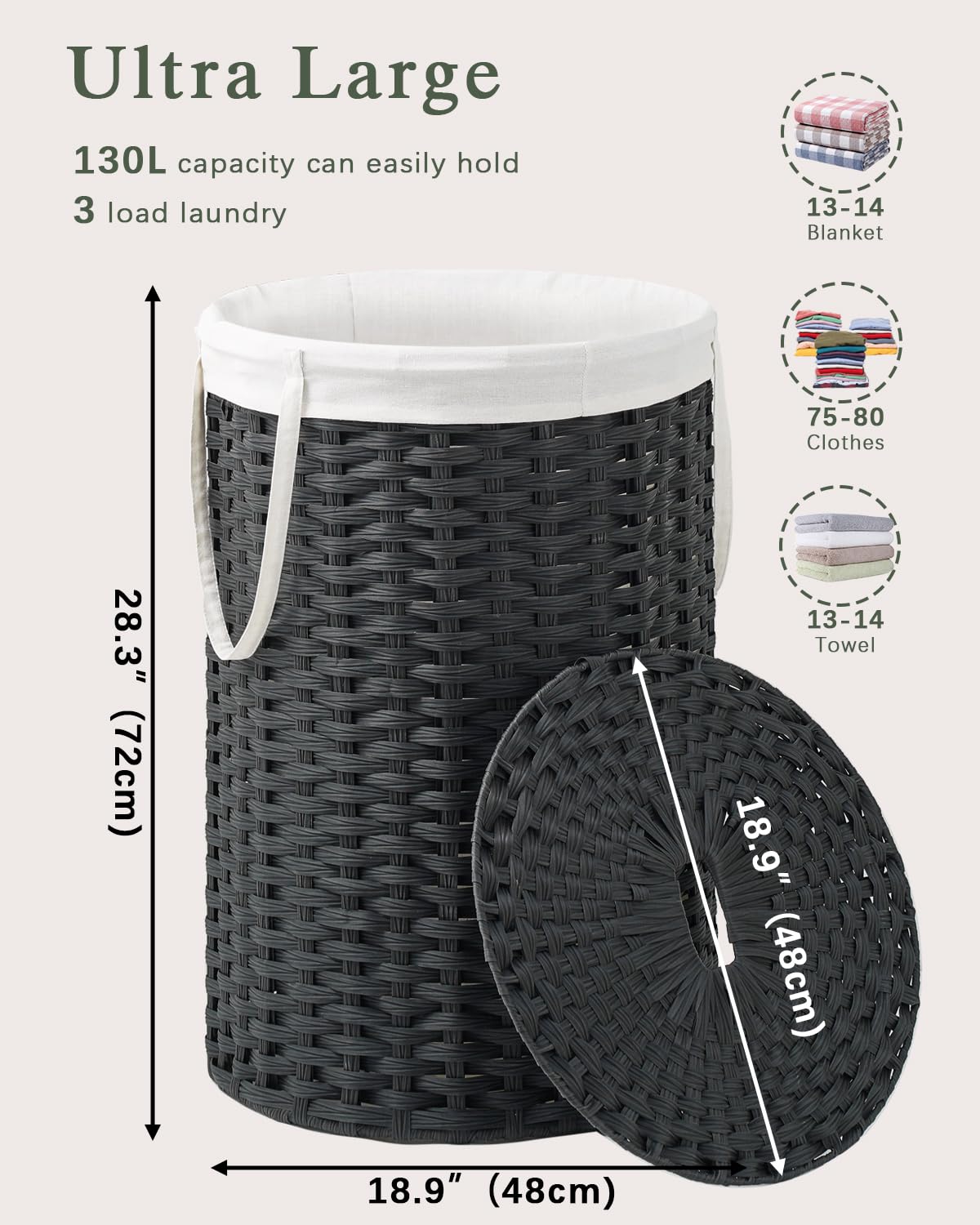 Large Laundry Hamper Laundry Basket Round 130L