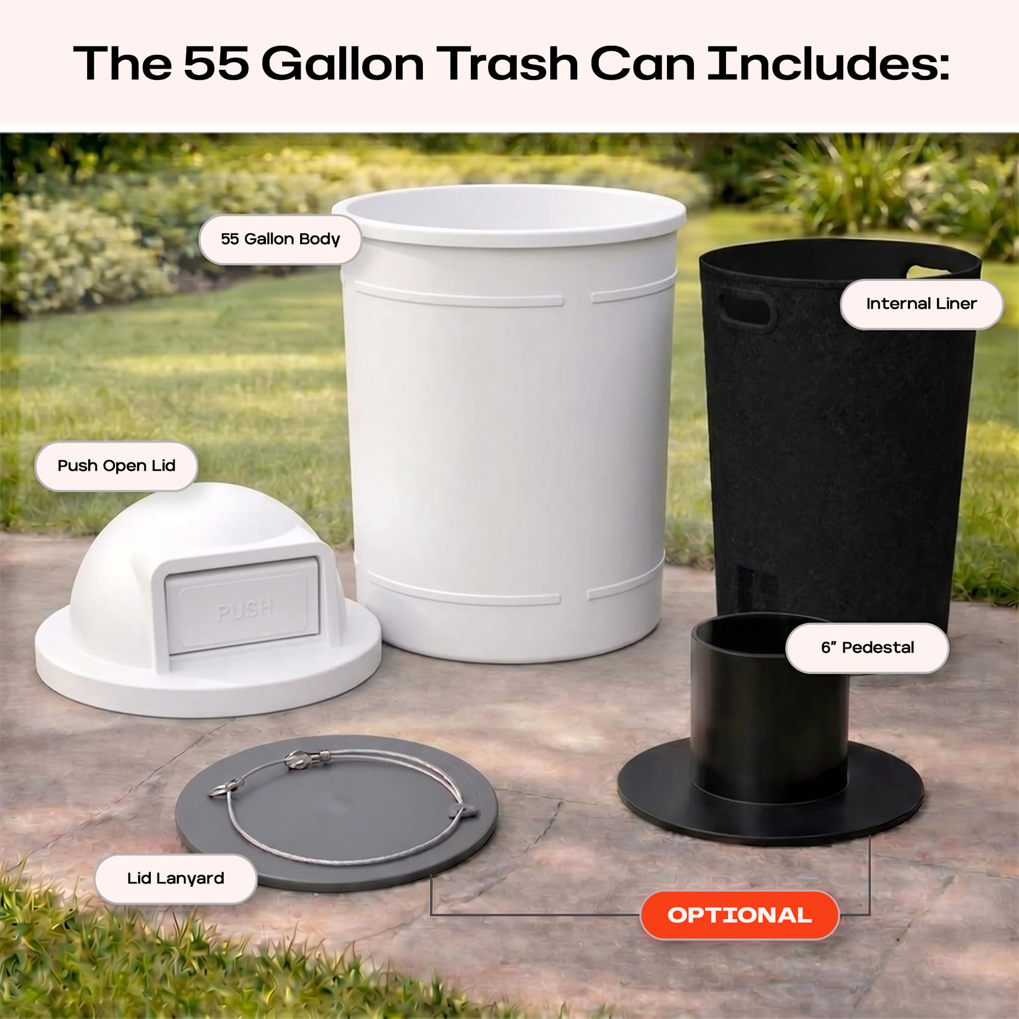 Campus Collection 55 Gallon Plastic Commercial Garbage Can with Push Lid