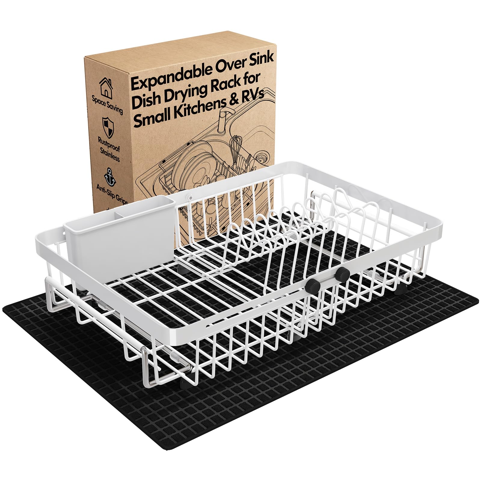 White Dish Drying Rack Over The Sink with Utensil Holder
