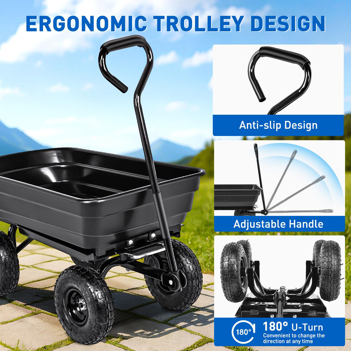 Garden Carts 600lbs Dump Wagon with All Terrain Inflatable Wheels for Yard Lawn Farms Gardening