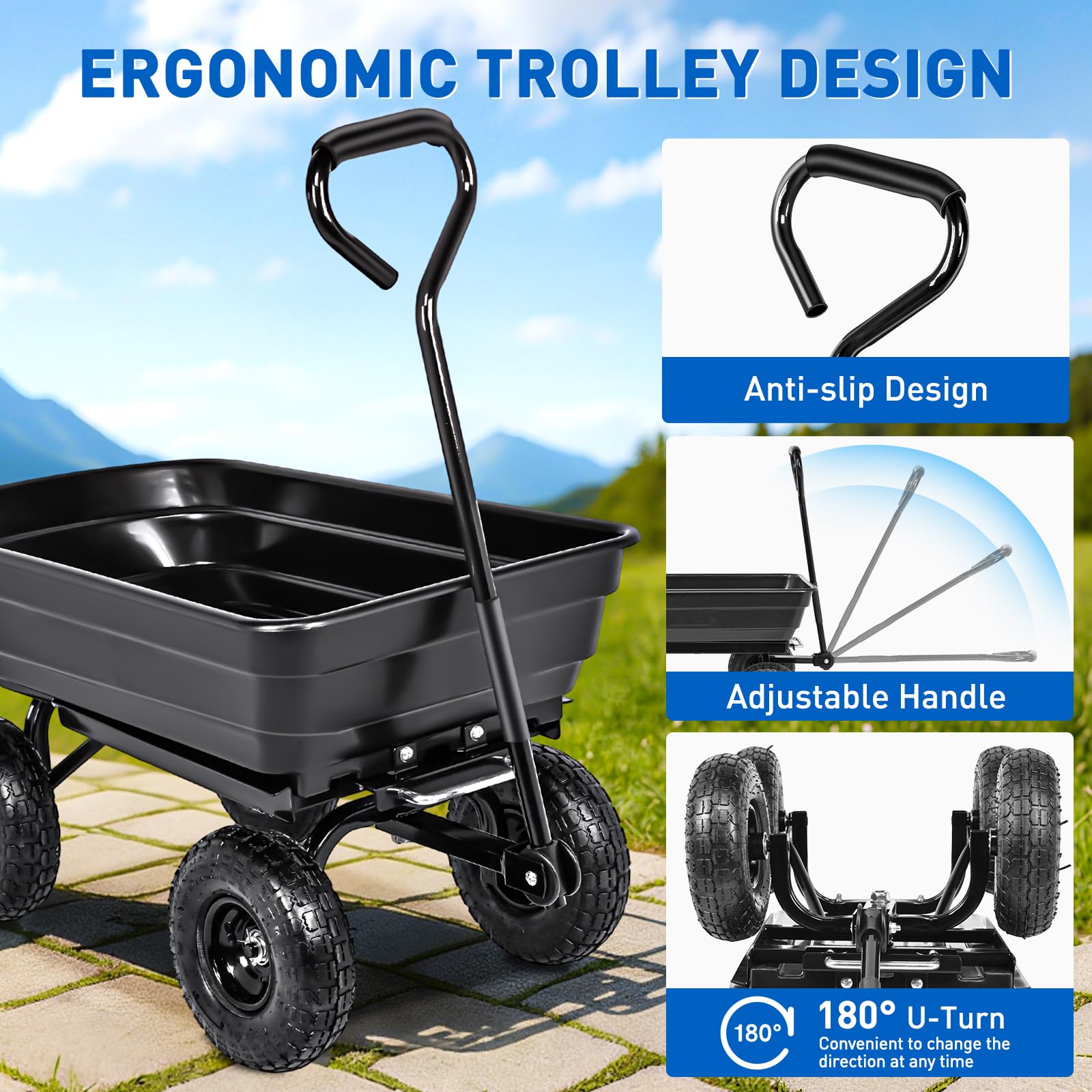 Garden Carts 600lbs Dump Wagon with All Terrain Inflatable Wheels for Yard Lawn Farms Gardening