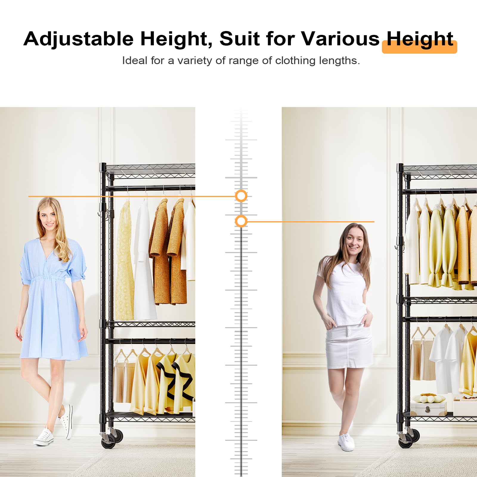 Heavy Duty Rolling Garment Rack 3 Tiers Adjustable Wire Shelving Clothes Rack with 2 Rods and Side Hooks
