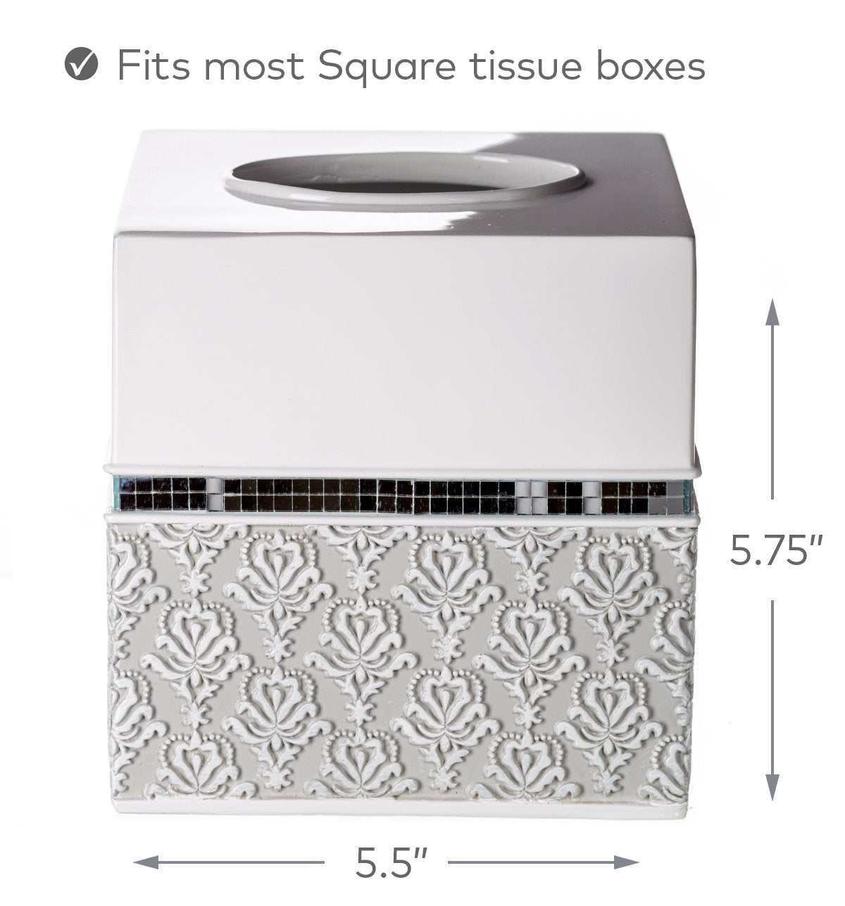 Mirror Damask White & Gray Square Resin Tissue Box Cover with Bottom Slider