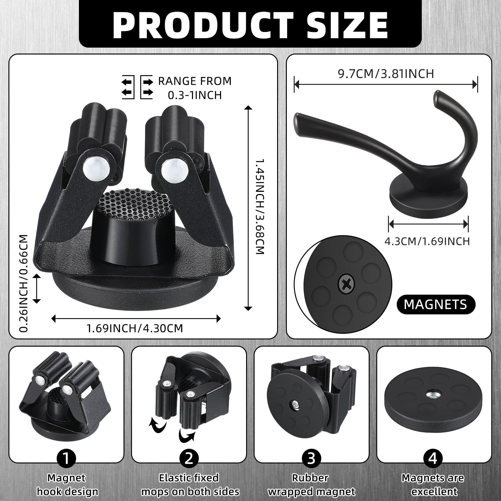 4 Pcs Magnetic Double Hooks Magnetic Coat Hooks Magnetic Mop Broom Holder Movable Magnetic Broom Holder Rack for Garage Kitchen Laundry Garden