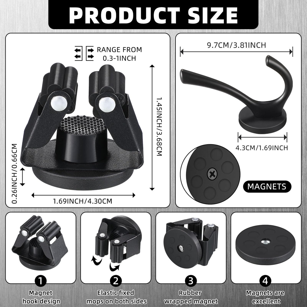 4 Pcs Magnetic Double Hooks Magnetic Coat Hooks Magnetic Mop Broom Holder Movable Magnetic Broom Holder Rack for Garage Kitchen Laundry Garden