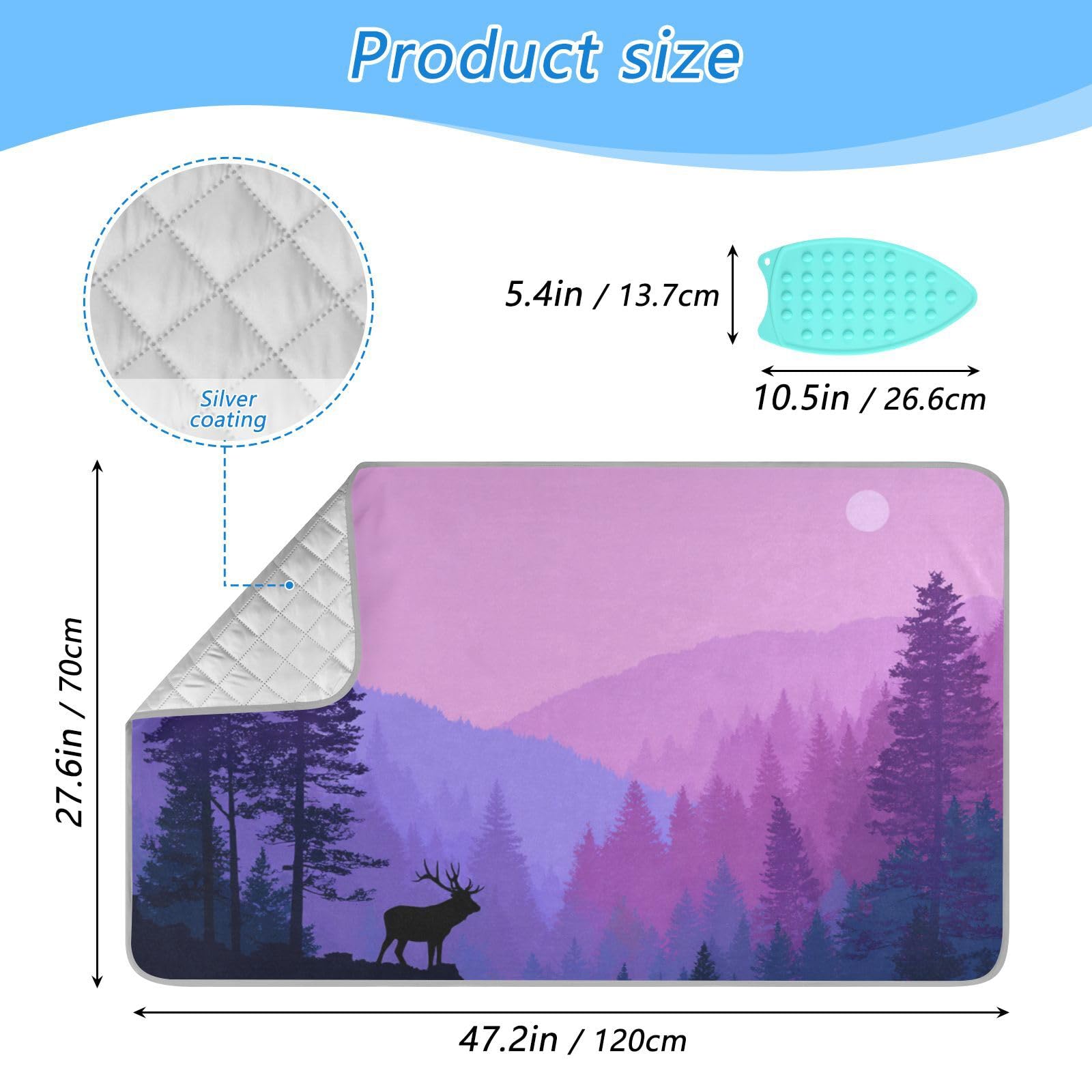 Purple Stag Mountains and Forest Ironing Mat Portable Ironing Pad Blanket with Silicone Iron Rest for Table Top Travel Heat Resistant Double
