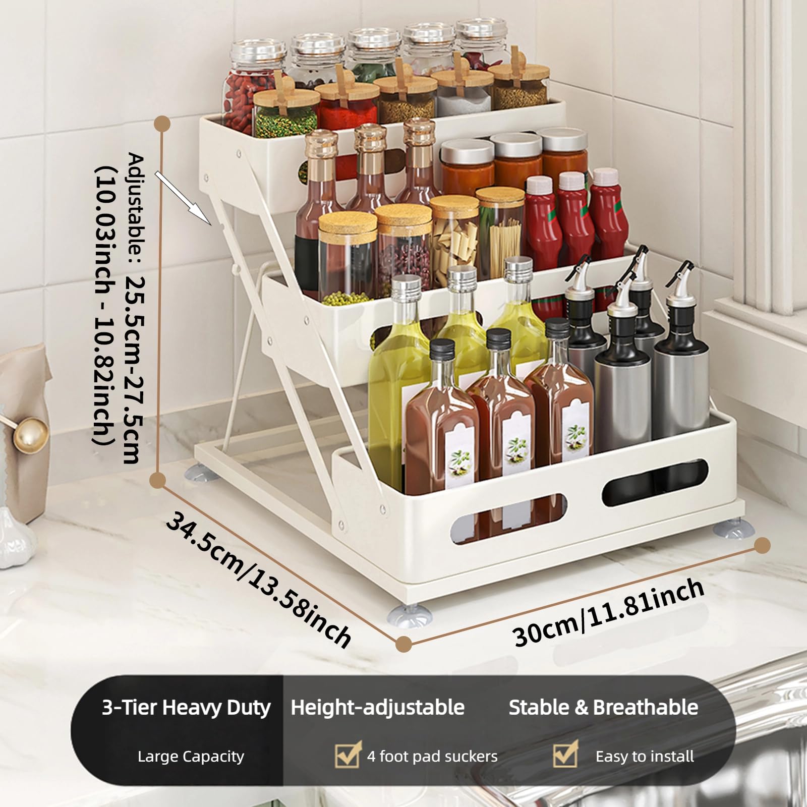 Spice Rack 3 Tier Foldable Seasoning Organizer Jars Storage Holder Step Shelf for Cabinet Kitchen Countertop Pantry Coffee Bar White