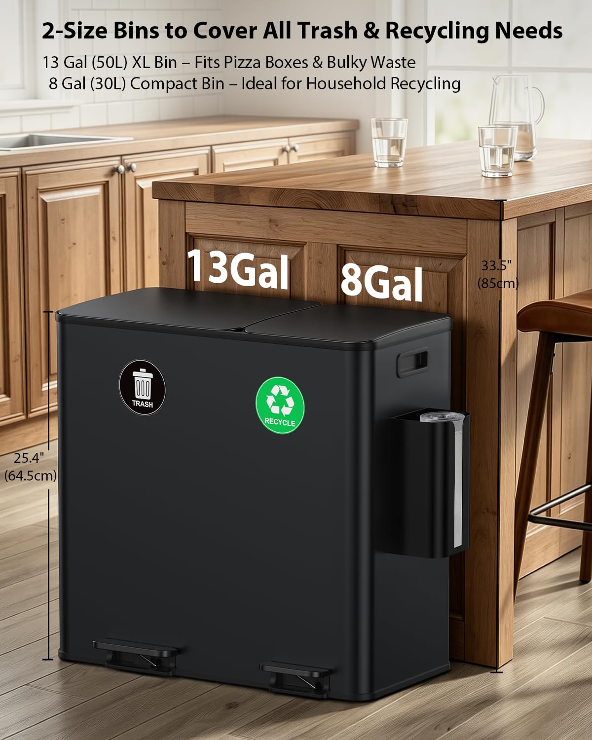 Dual Trash and Recycling Bins for Kitchen (2 Count)