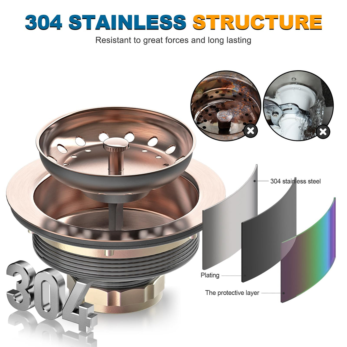 Stainless Steel Copper Sink Drain Strainer Kit 3