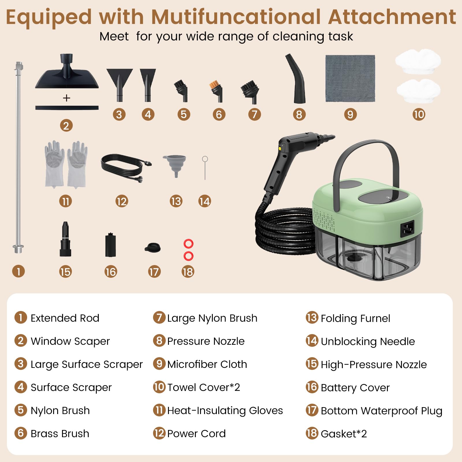 2500W Handheld Steam Cleaner for Home with 16 Accessories (21 Count)