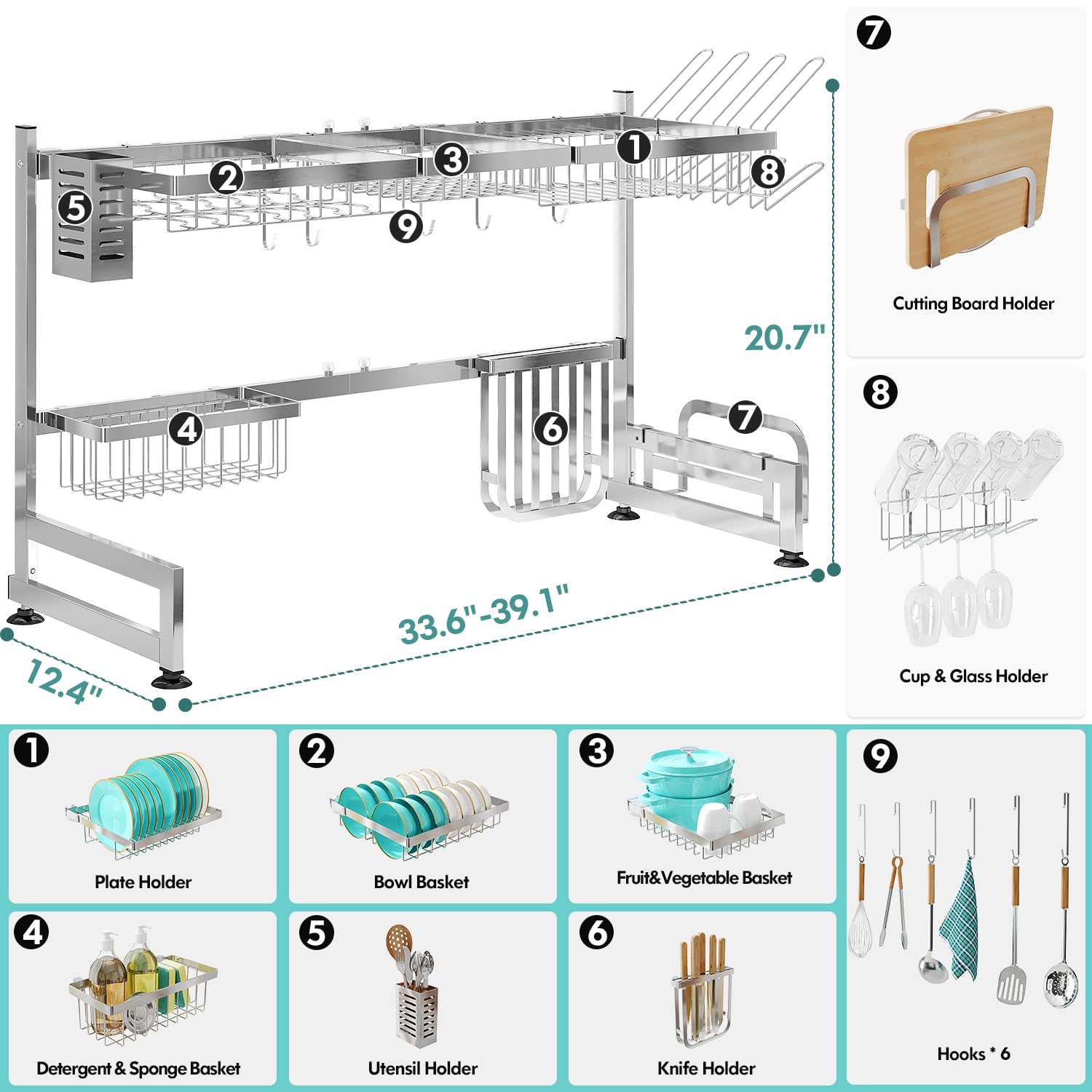 2 Tier Extra Large Stainless Steel Over The Sink Dish Drying Rack