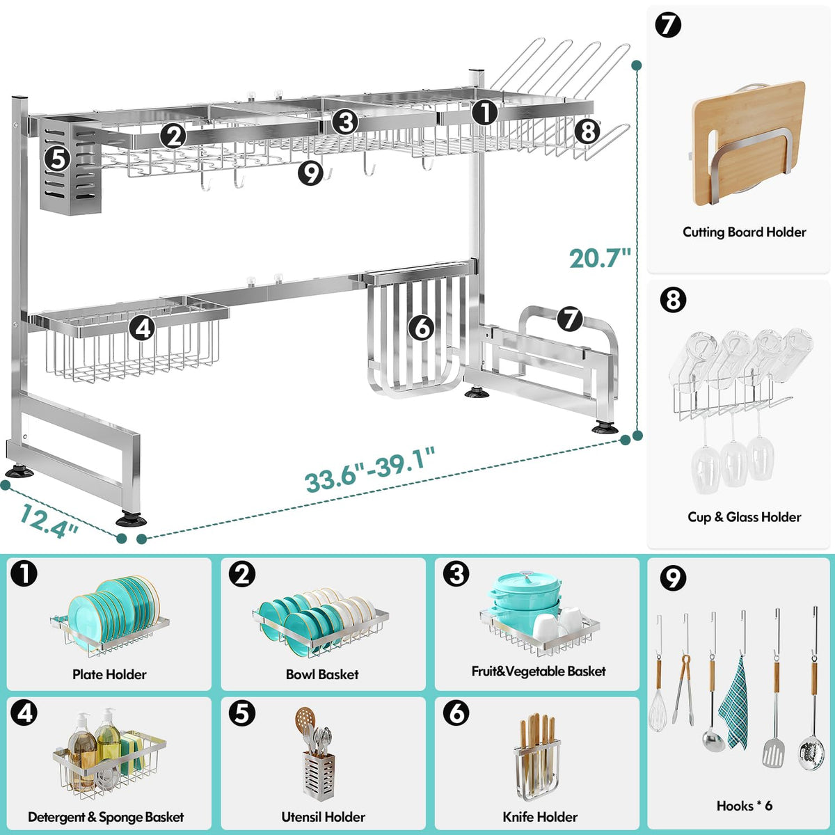 2 Tier Extra Large Stainless Steel Over The Sink Dish Drying Rack