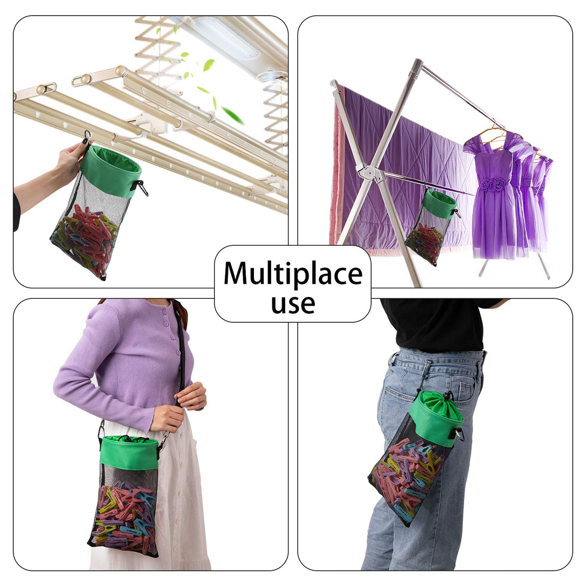 Mesh Clothespin Bag with Hooks Hanging Clothes Pin Bag with Drawstring Closure Clothespin Holder