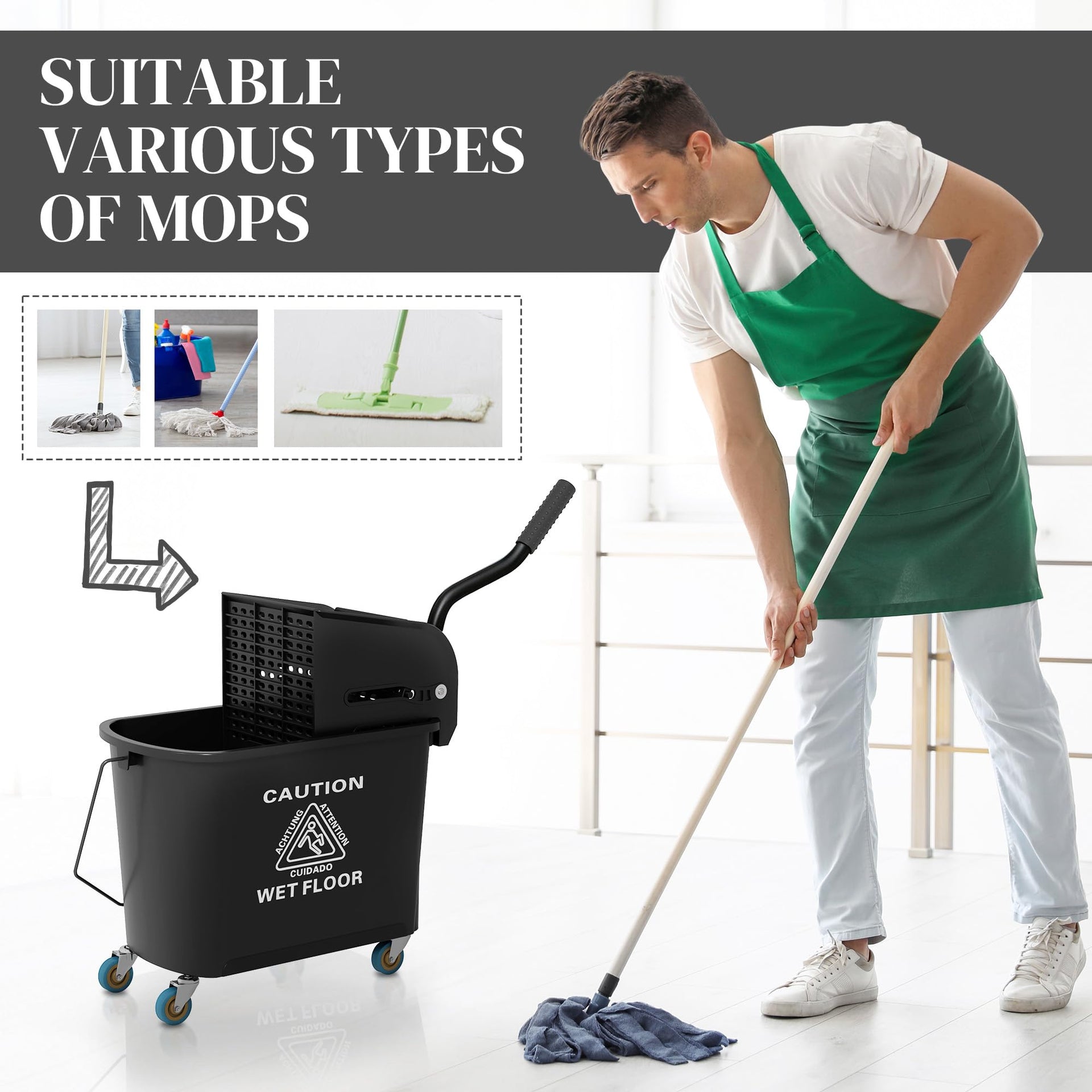 Commercial Mop Bucket Side Press Wringer Wheels 21 Quart Black