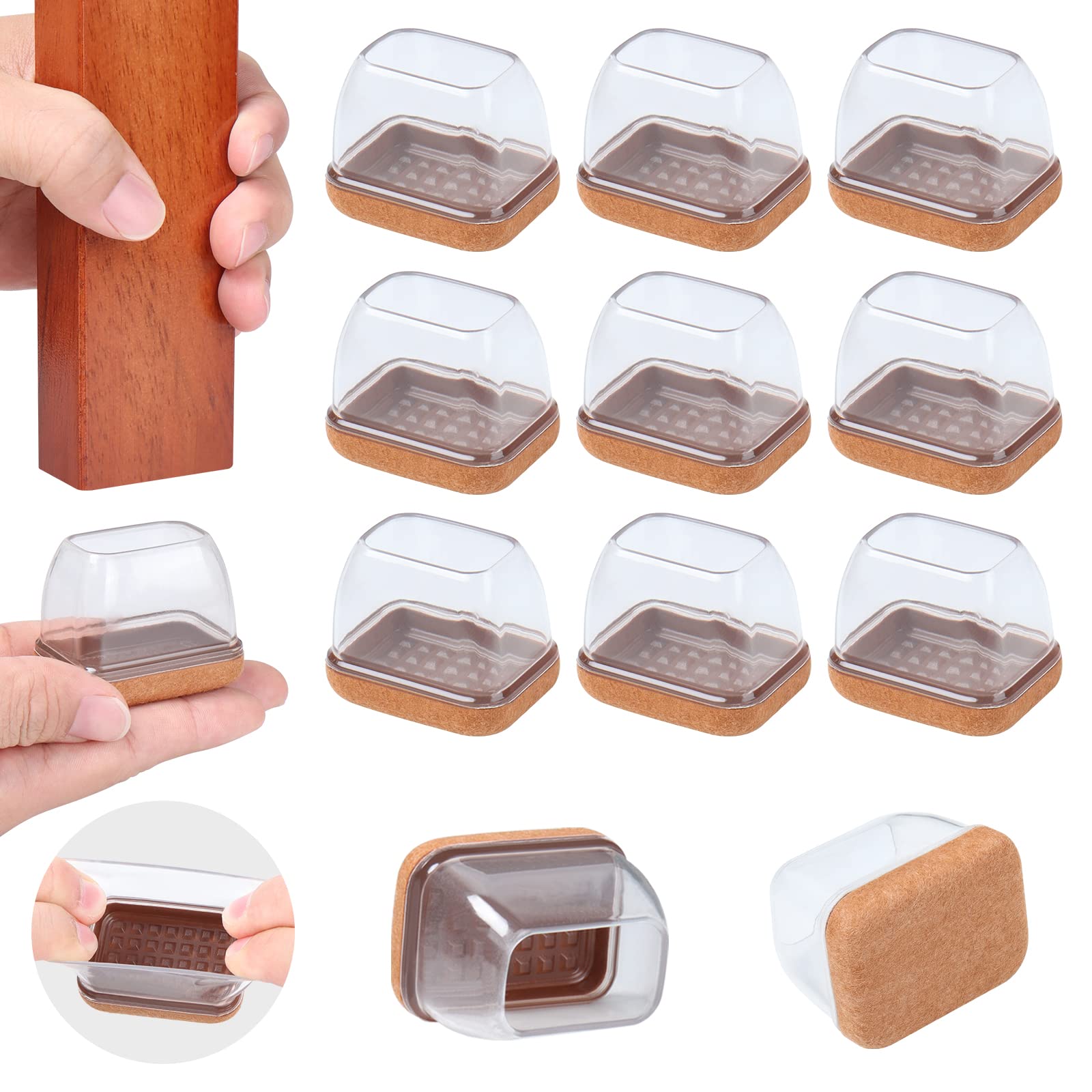 16 Pcs Rectangle Clear Silicone Chair Leg Floor Protectors with Felt (16 Count)