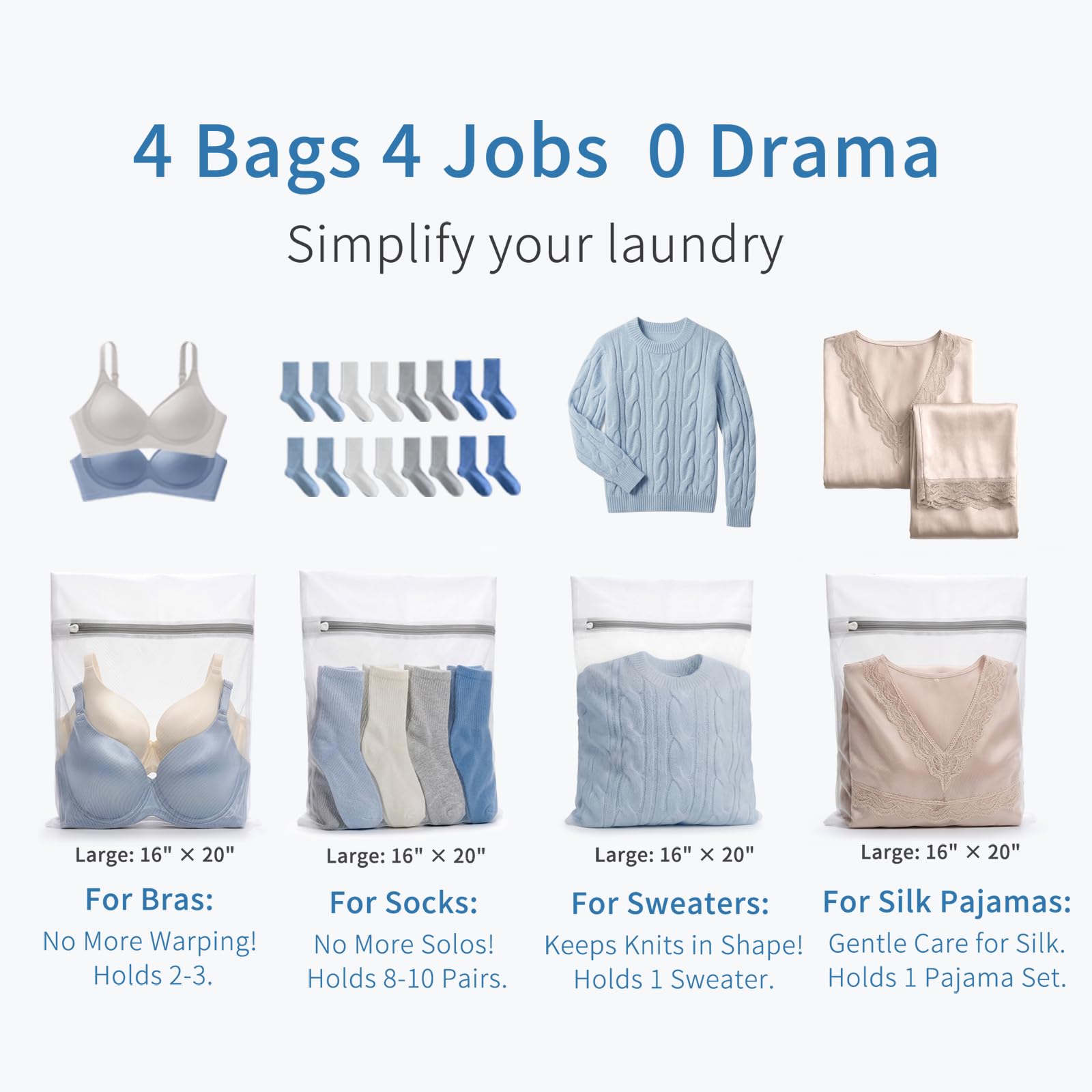 4Pcs Durable Fine Mesh Laundry Bags for Delicates 16 x 20 Inches (4 Count)