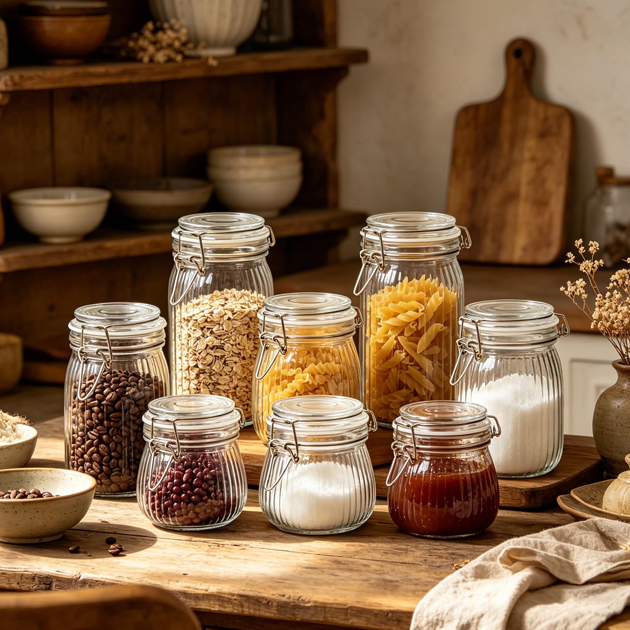 Ribbed Glass Pantry Jars with Airtight Lids 34 oz 3 Pack Coffee (3 Count)