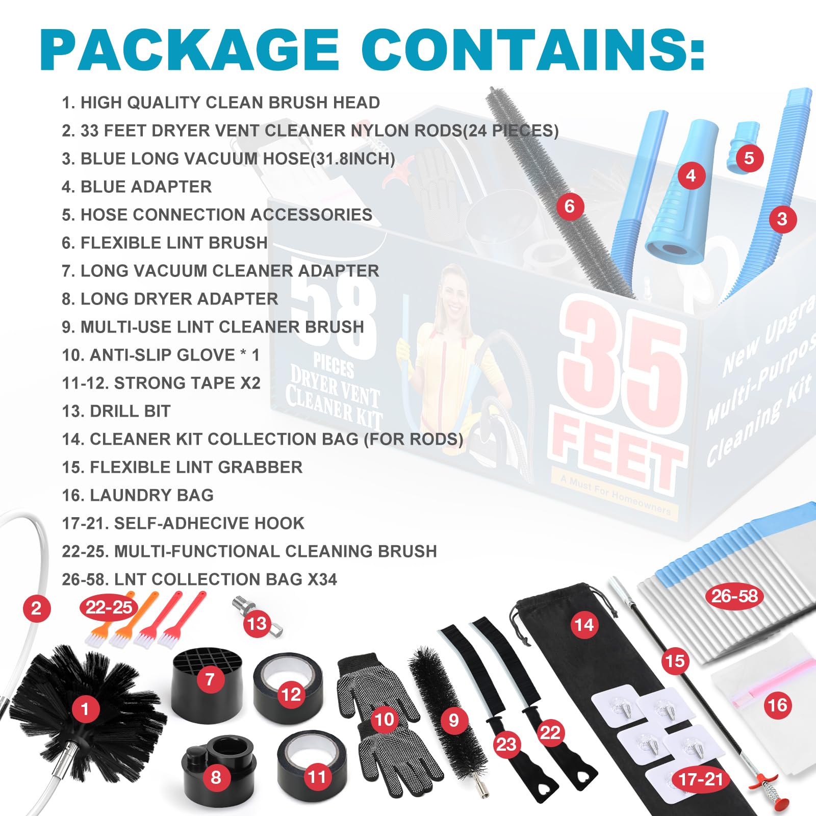 58-Pieces 35-Feet Dryer Vent Cleaner Kit, Dryer Cleaning Tools (58 Count)