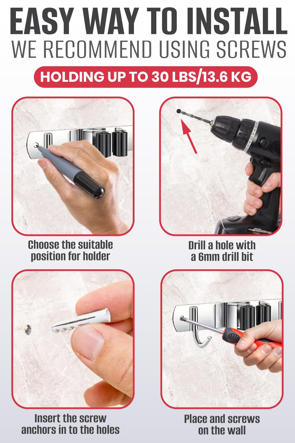Compact Mop and Broom Holder Wall Mount