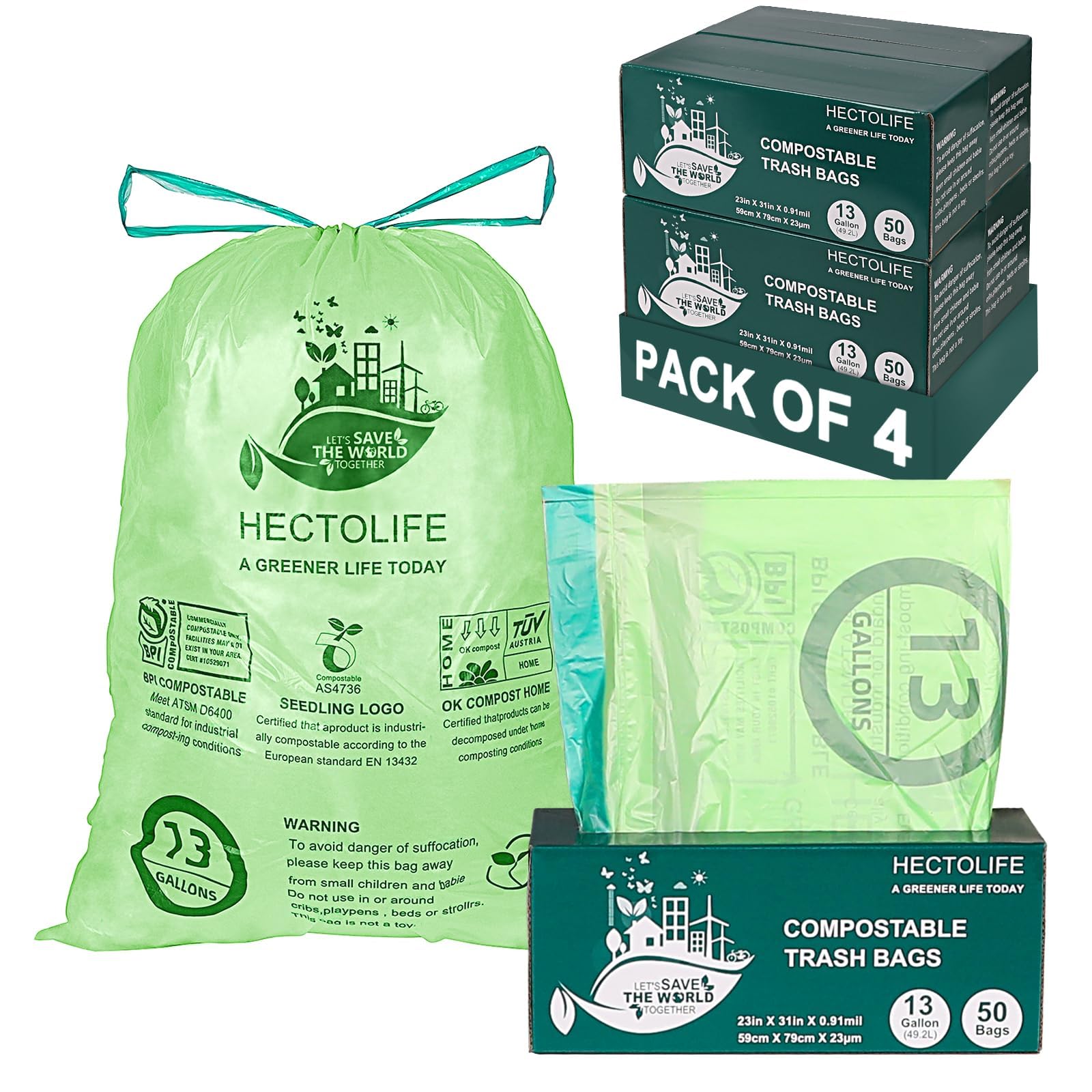 13 Gallon 200 Count Compostable Trash Bags with Home (50 Count)