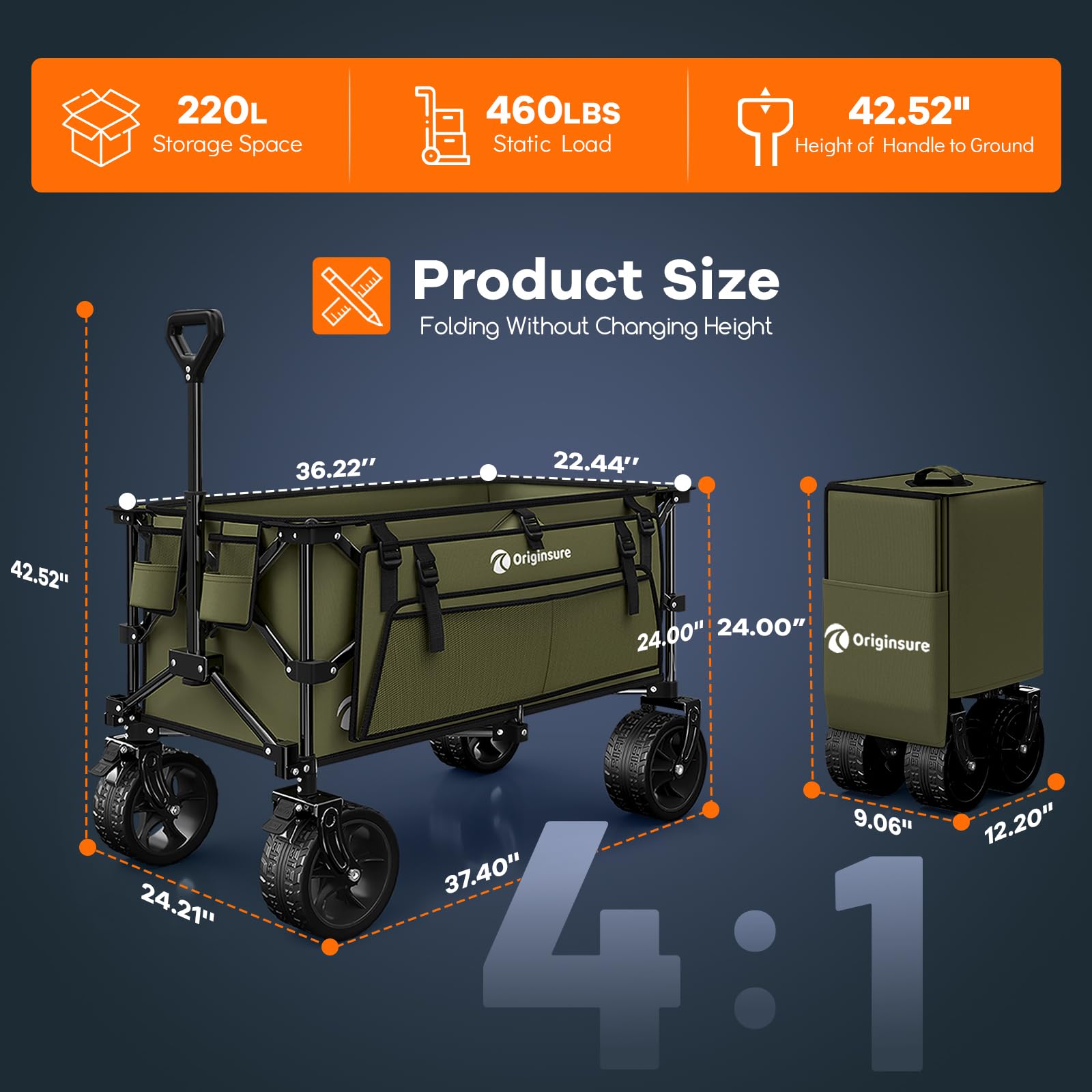 220L Collapsible Beach Wagon Cart with Big Wheels