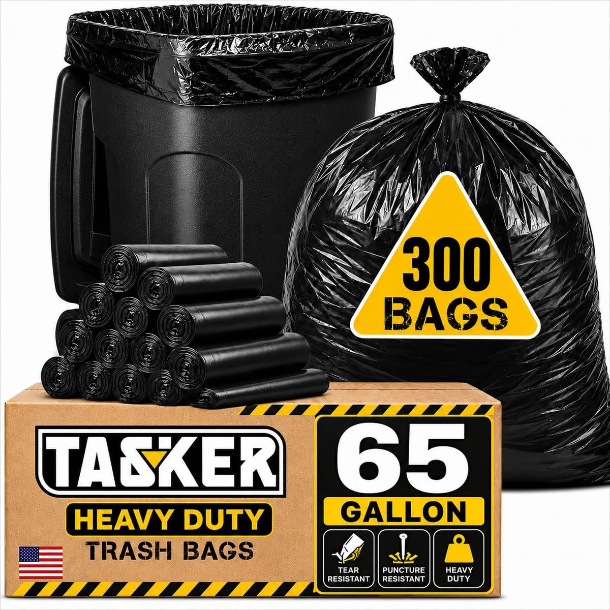 300 Bags, 64-65 Gallon Trash Bags Heavy Duty, Large Black Garbage Bags, Wide Mouth Trash Can Liners for 60, 64, 65 and 70 Gallon Cans to Fit Toter Cart Liners for Outdoor Lawn Yard Cleanup (300 Count)