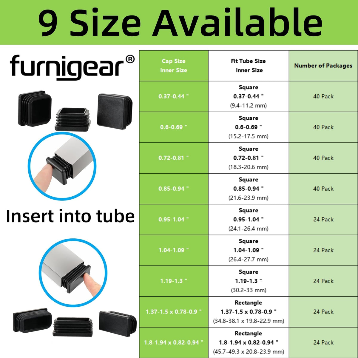7 8" Square Tube End Cap Plastic Plugs Chair End Caps 0.86 Inch (40 Count)