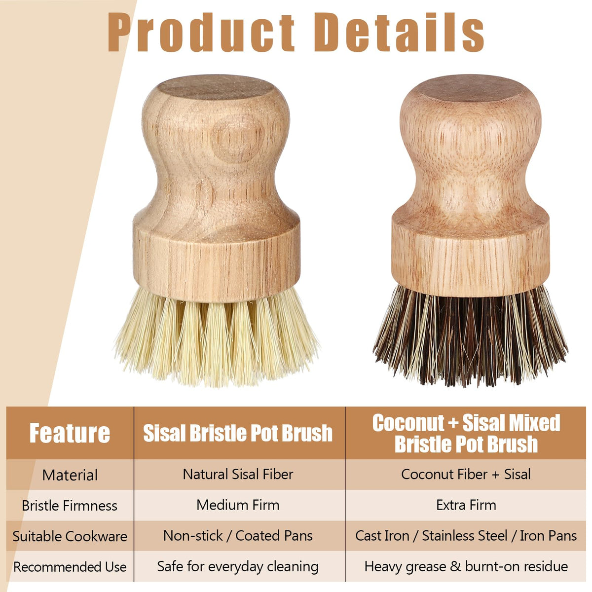 6 Packs Bamboo Dish Scrub Brushes Wooden Scrubbers Set Kitchen Dishwashing Scrubber with Natural Sisal Bristles for Iron Pot Pan Sink (6 Count)