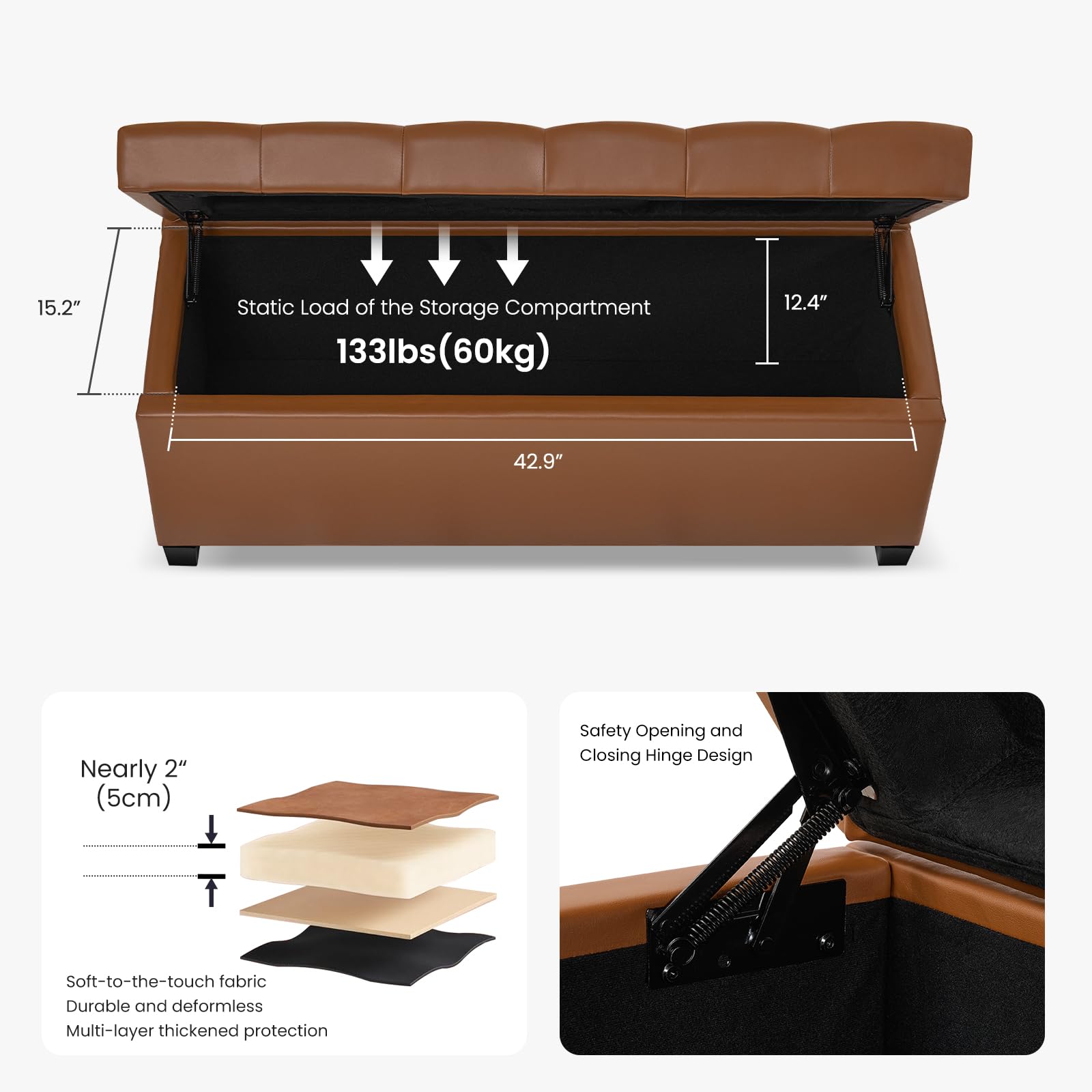 Leather Storage Ottoman Bench for Bedroom