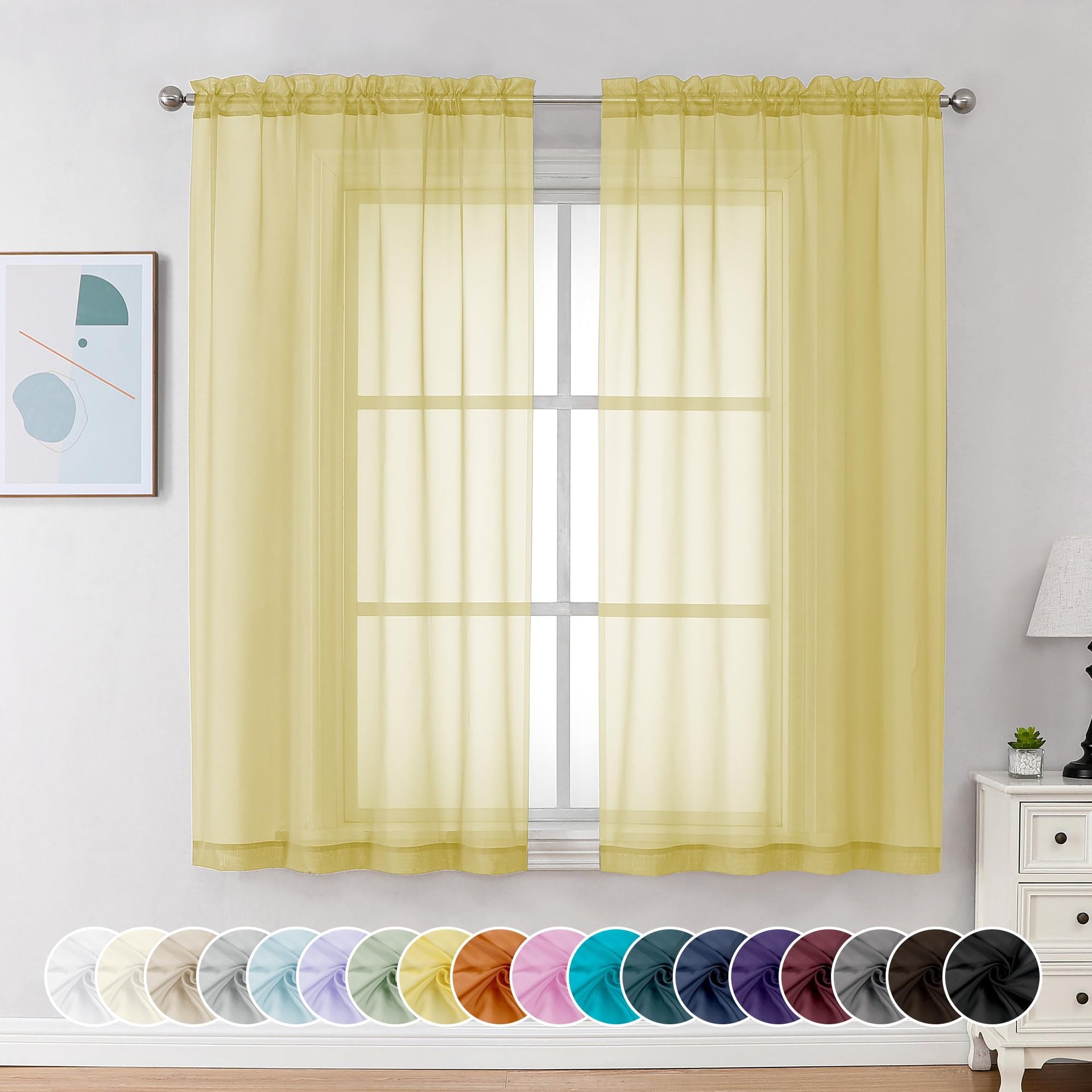 Mustard Yellow Sheer Curtains 54 Inches Long (2 Count)
