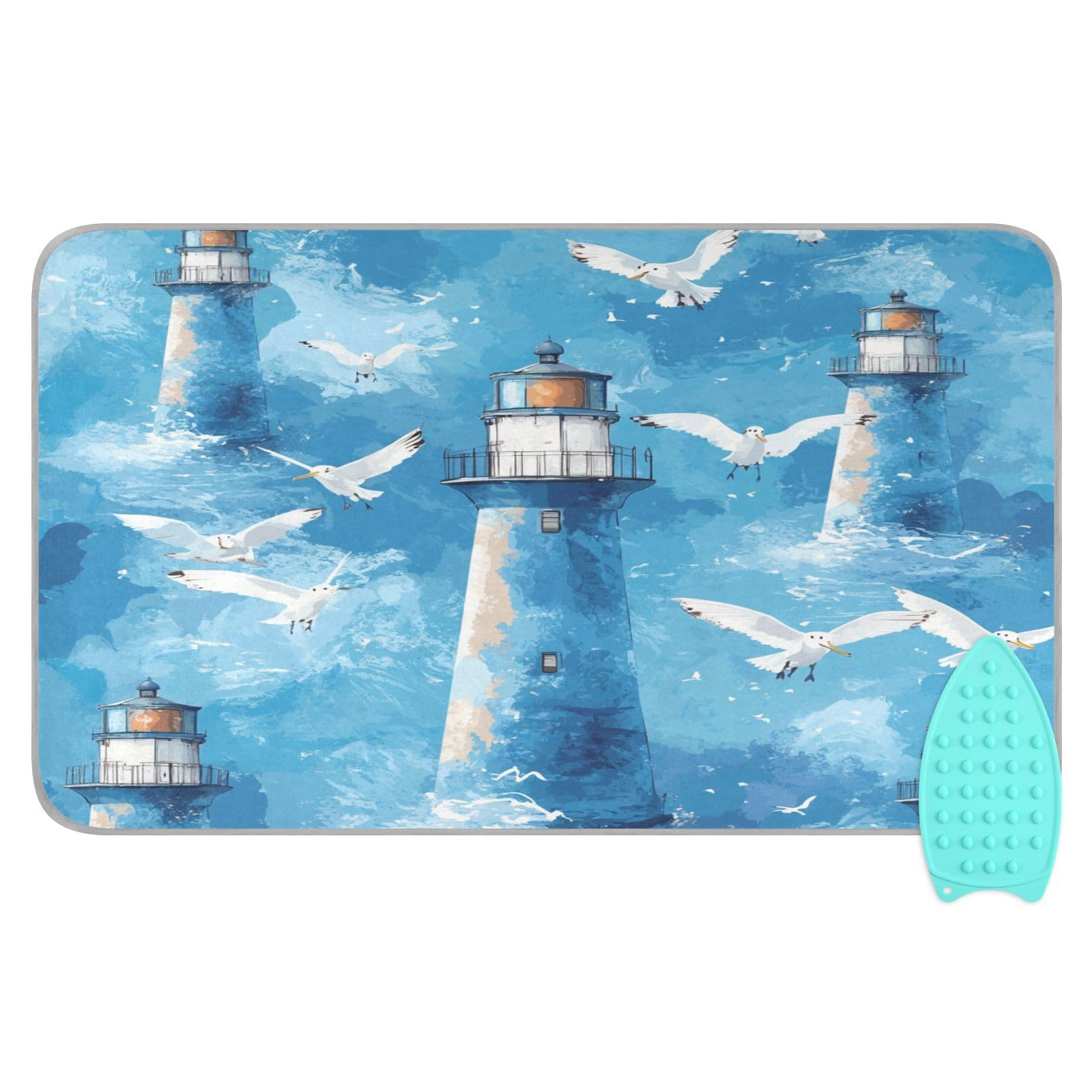 Watercolor Blue Lighthouses and Seagulls Ironing Mat Thickened Ironing Blanket Travel Portable Double