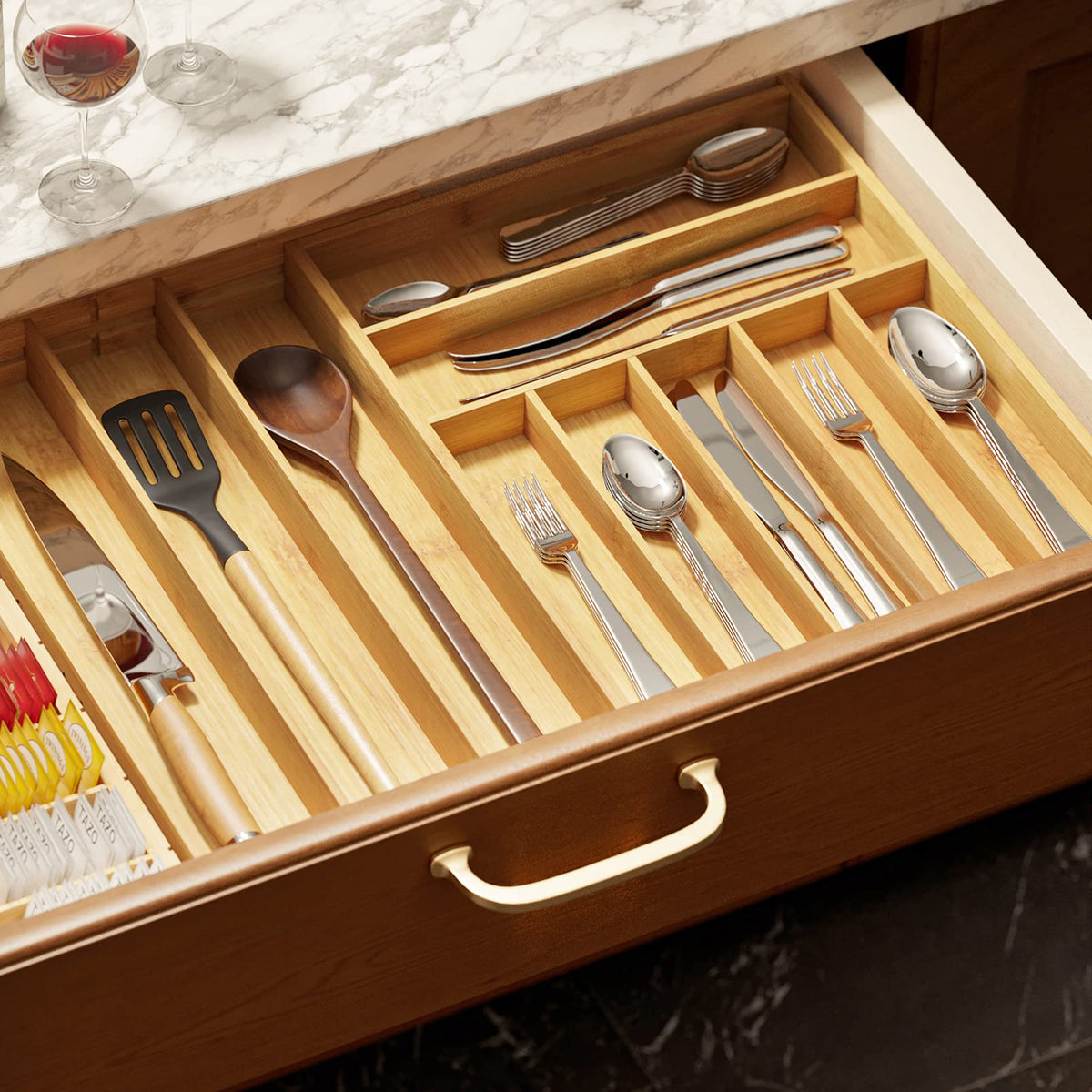 Bamboo Silverware Drawer Organizer with Labels
