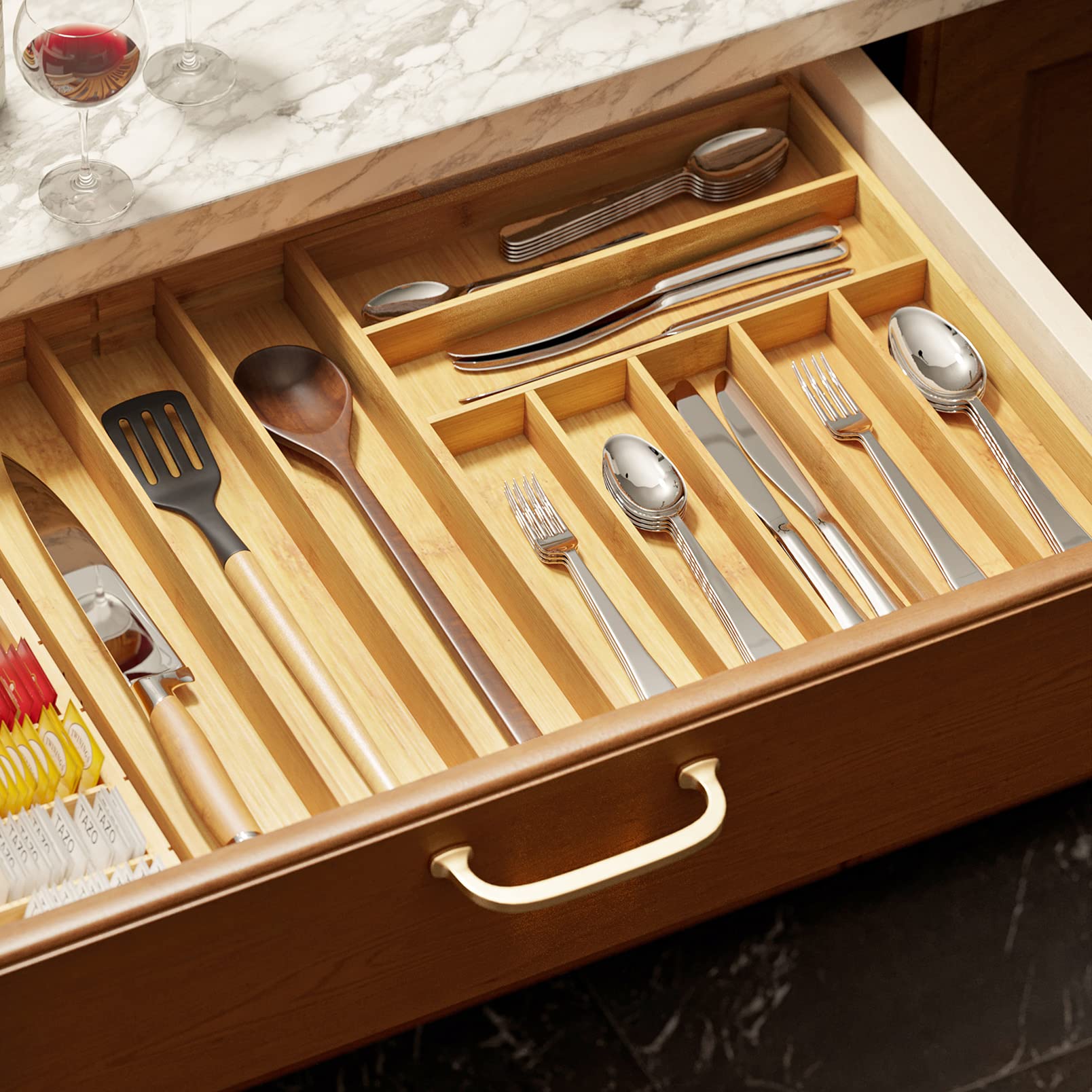 Bamboo Silverware Drawer Organizer with Labels
