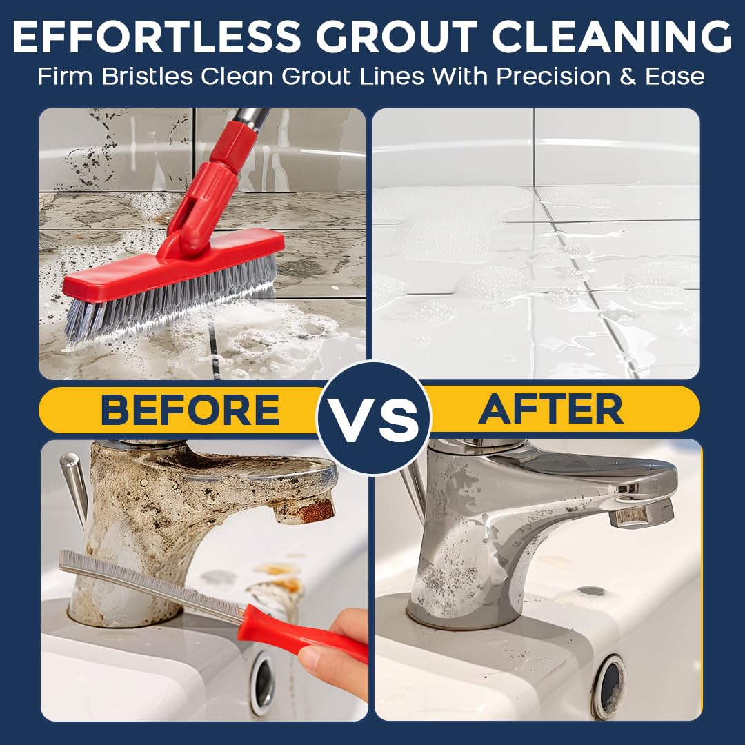 Foxtrot Living Grout Brush with Long Handle and Crevice Cleaning Brush Set