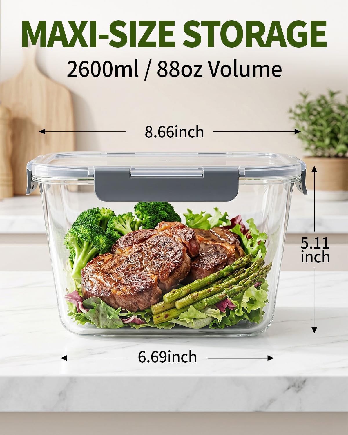 2 Pack 88oz 11 Cups Large Glass Storage Containers with Lids