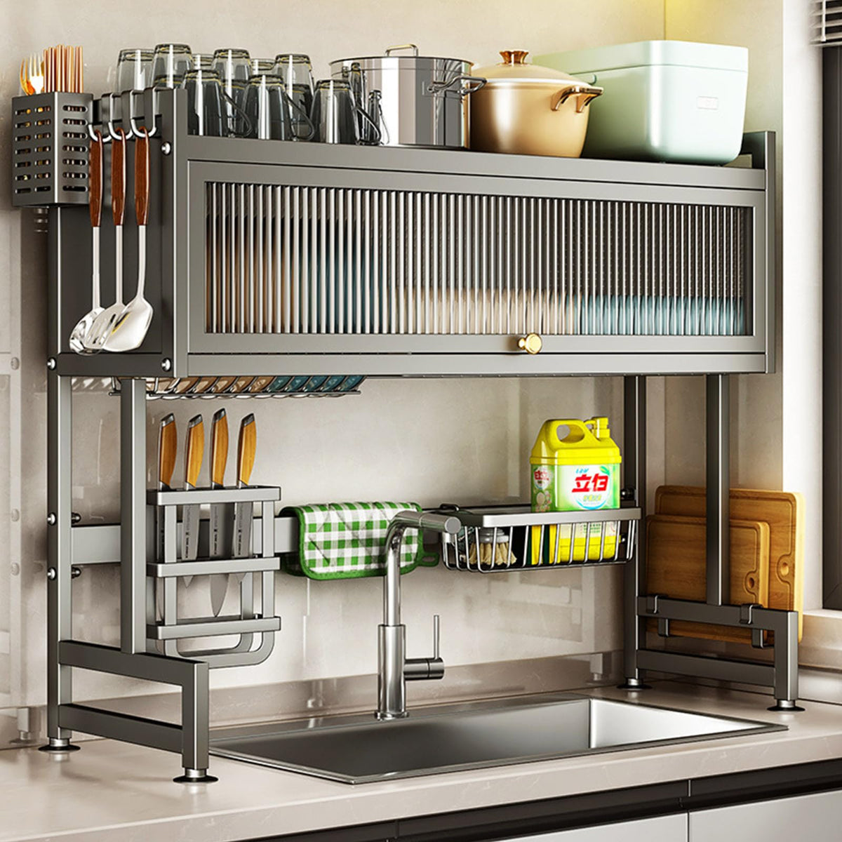 Over the Sink Dish Drainer Drying Rack 3 Tier with Cover