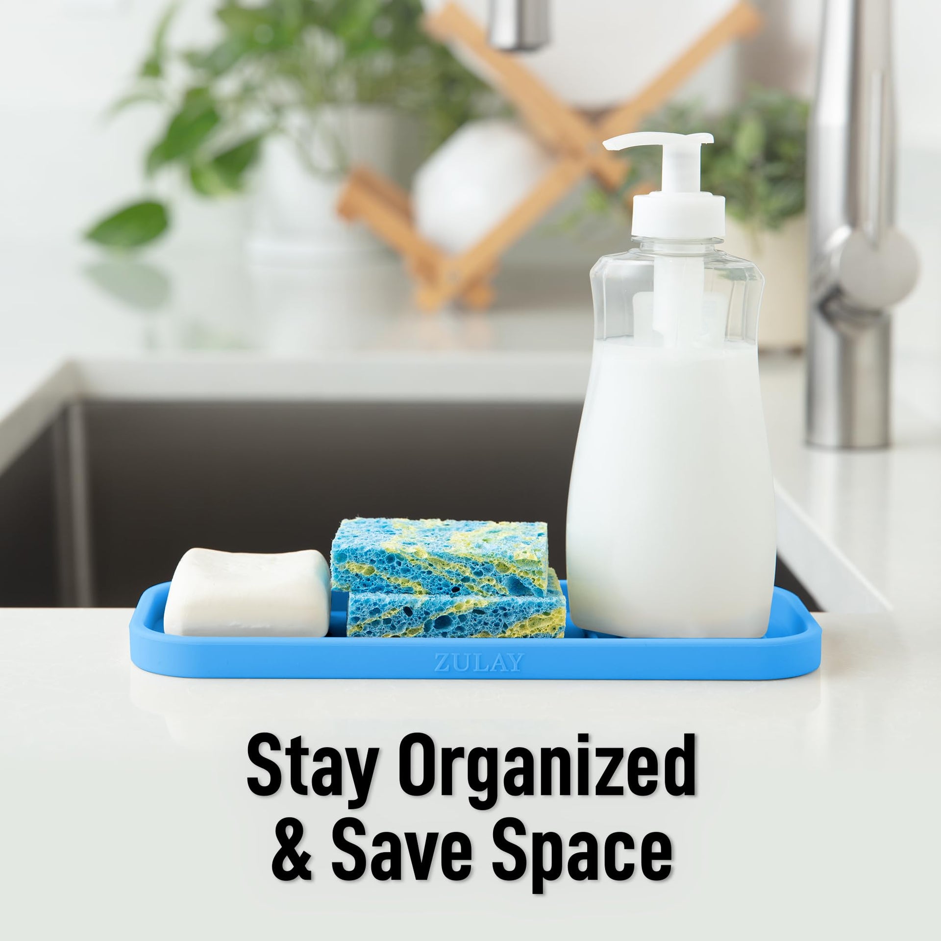 9x3.5) Silicone Sponge Holder for Kitchen Sink - Flexible Multipurpose Kitchen Soap Tray Sponge Holder - Sink Organizer Tray for Kitchen, Bathroom, Makeup, Trinkets & More (Blue)