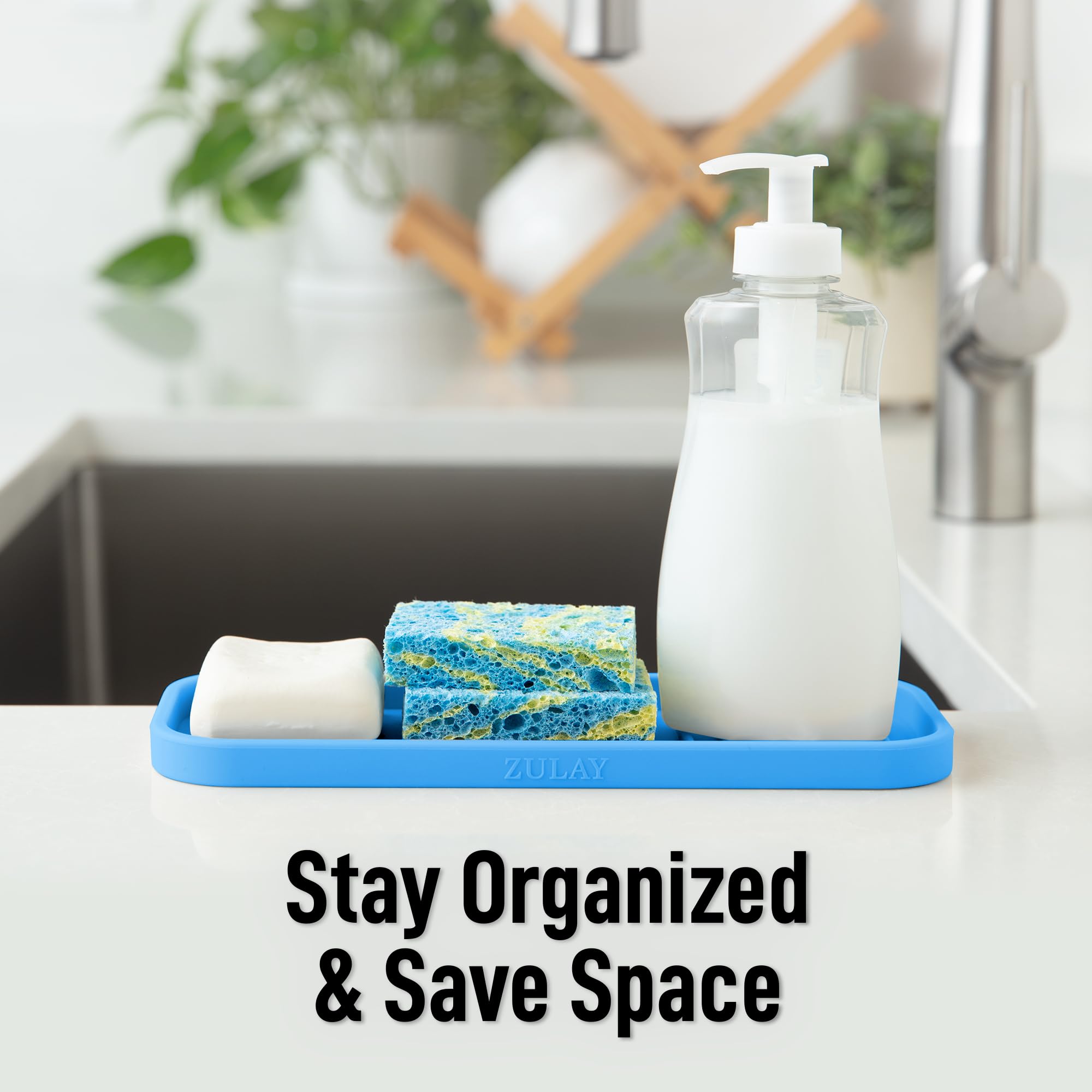 9x3.5) Silicone Sponge Holder for Kitchen Sink - Flexible Multipurpose Kitchen Soap Tray Sponge Holder - Sink Organizer Tray for Kitchen, Bathroom, Makeup, Trinkets & More (Blue)