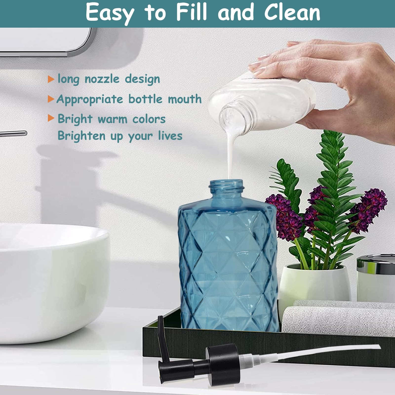 Blue Glass Soap Dispenser with Black Plastic Pump