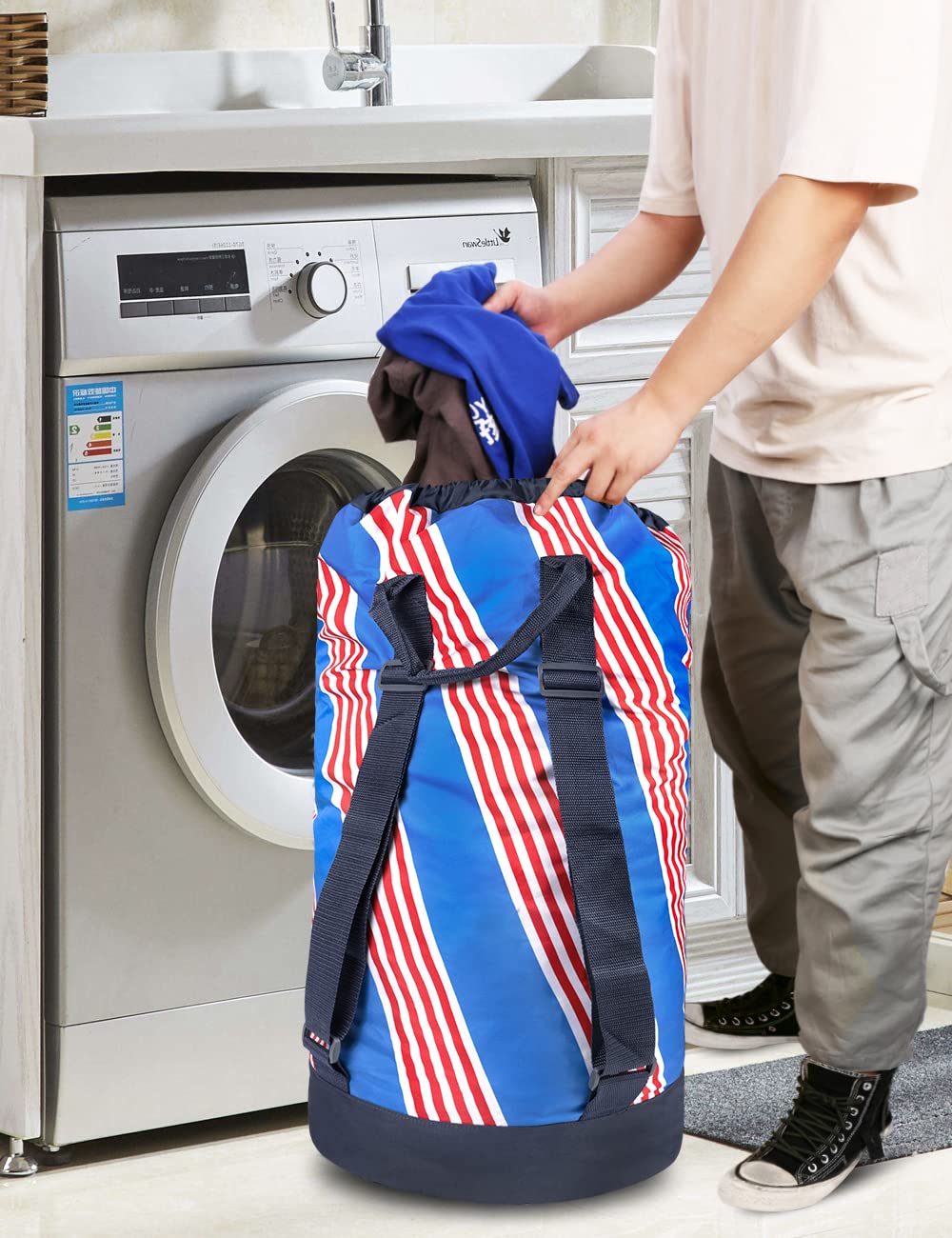 Backpack Laundry Bag with Shoulder Straps and Mesh Pocket Durable Nylon Clothes Hamper Bag with Drawstring Closure for College