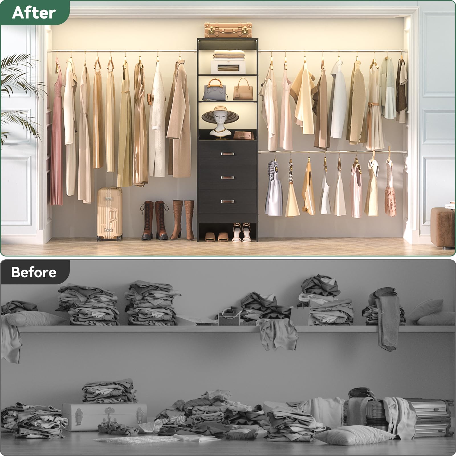 96'' Closet Organizer System with 3 Hanging Rods