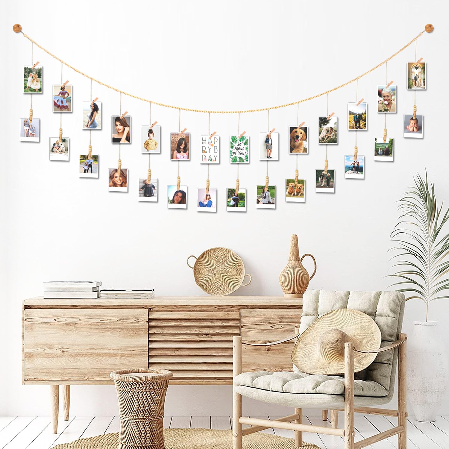 8 Feet Wooden Beads Garland with Clothespins Picture Cards Holder (28 Count)