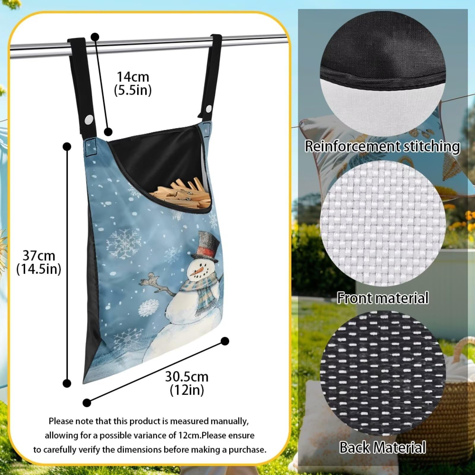Snowman Clothespin Bag Blue Clothes Pin Hanging Bag with Hanging Hook 12 x 14.6 Inch Laundry Clothes Pin Holder Waterproof Clothespins Hanging Bags Clothespin Storage