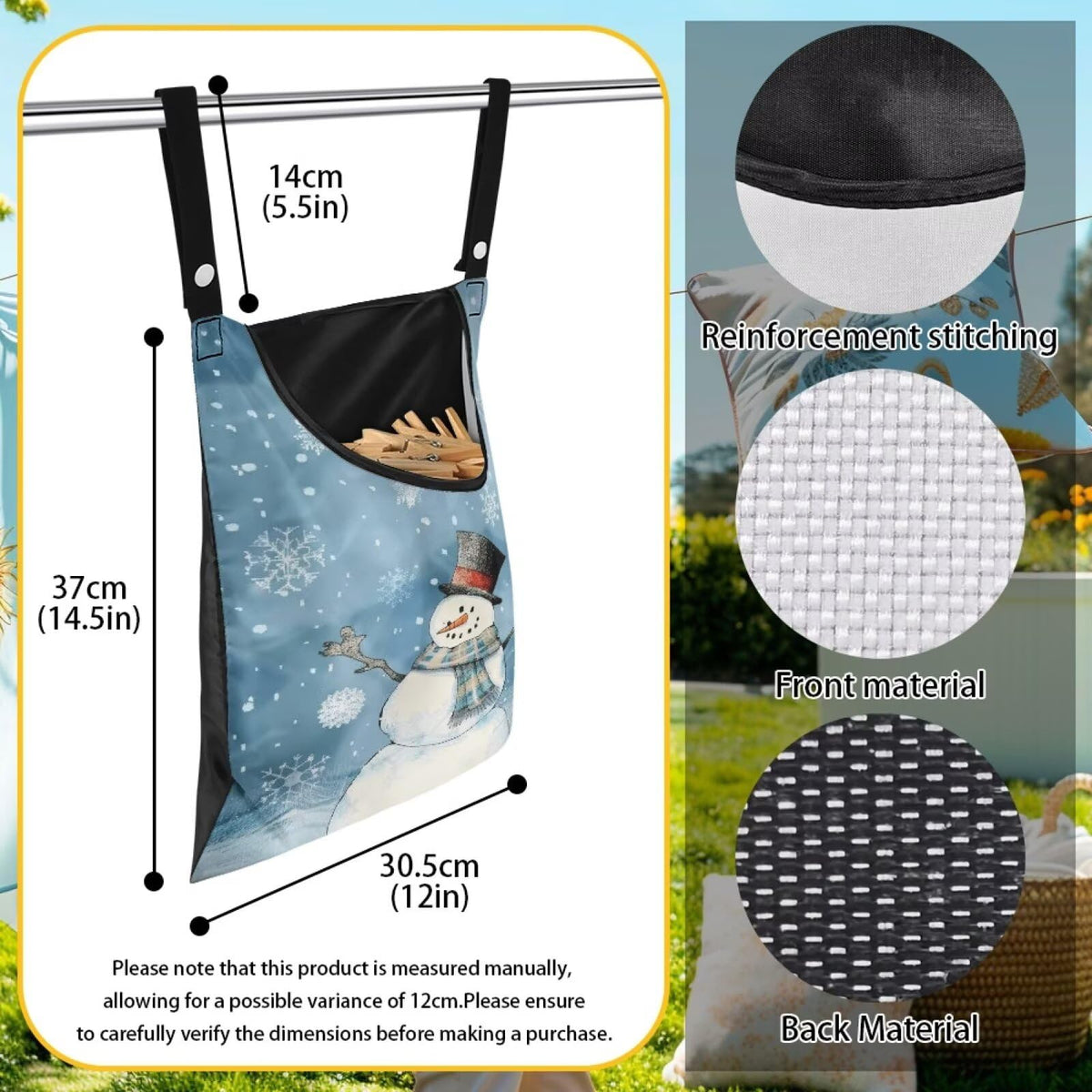 Snowman Clothespin Bag Blue Clothes Pin Hanging Bag with Hanging Hook 12 x 14.6 Inch Laundry Clothes Pin Holder Waterproof Clothespins Hanging Bags Clothespin Storage