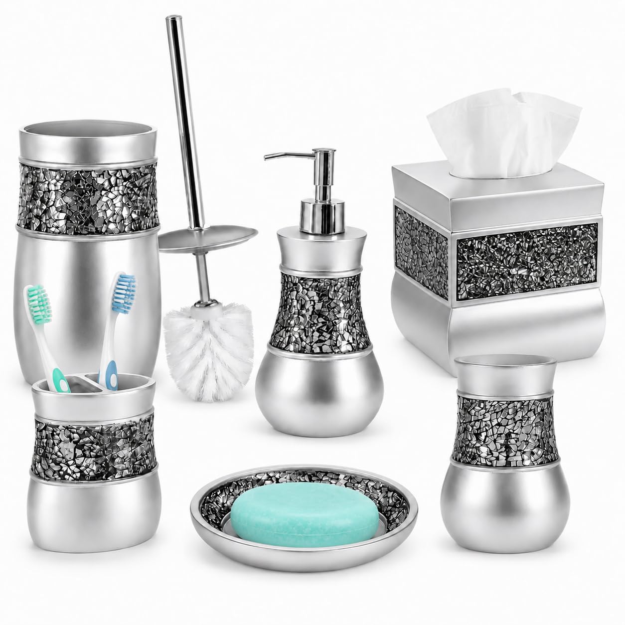 Crackled Glass 6 Pc. Silver Resin Bathroom Accessories Set (6 Count)