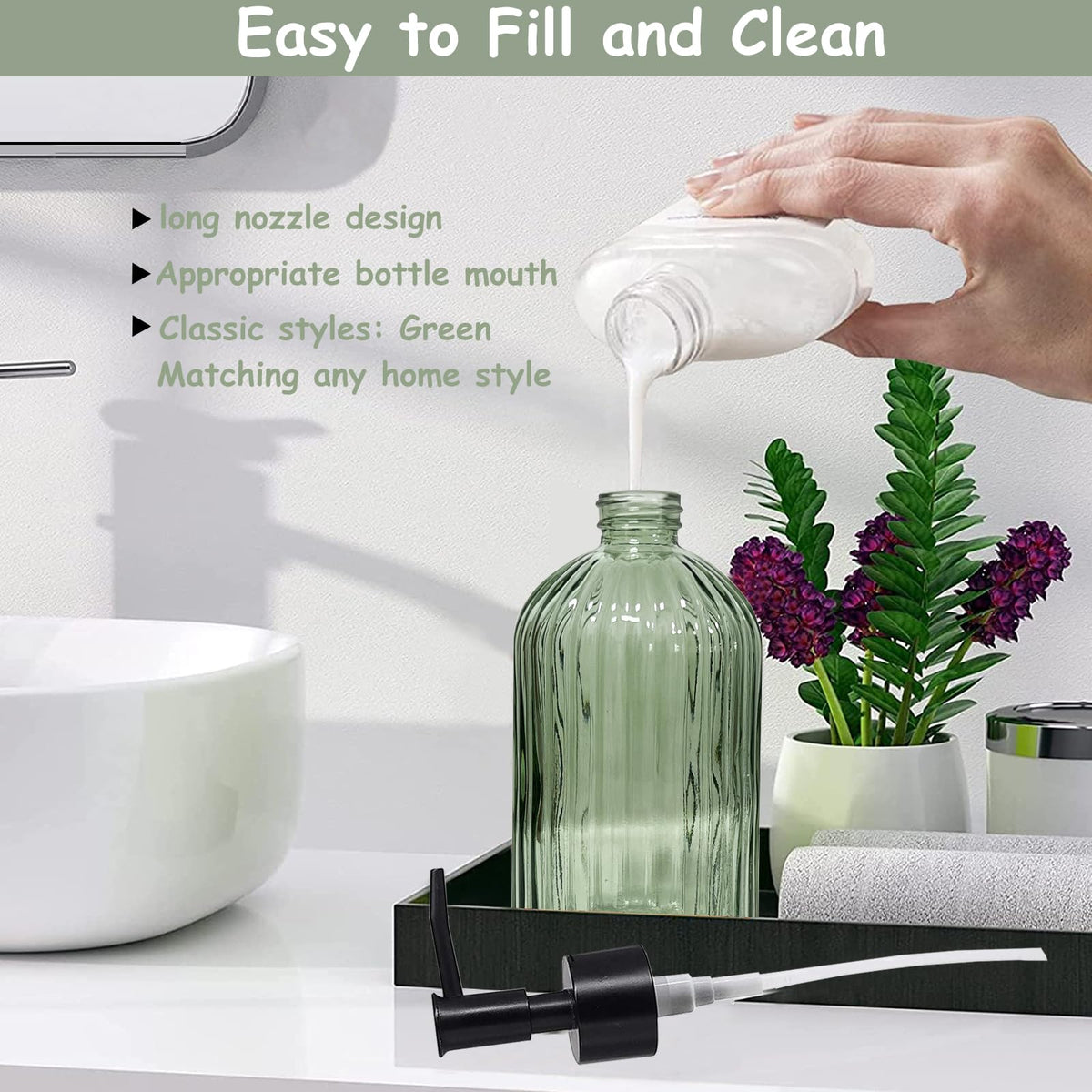 Green Glass Soap Dispenser with Black Plastic Pump