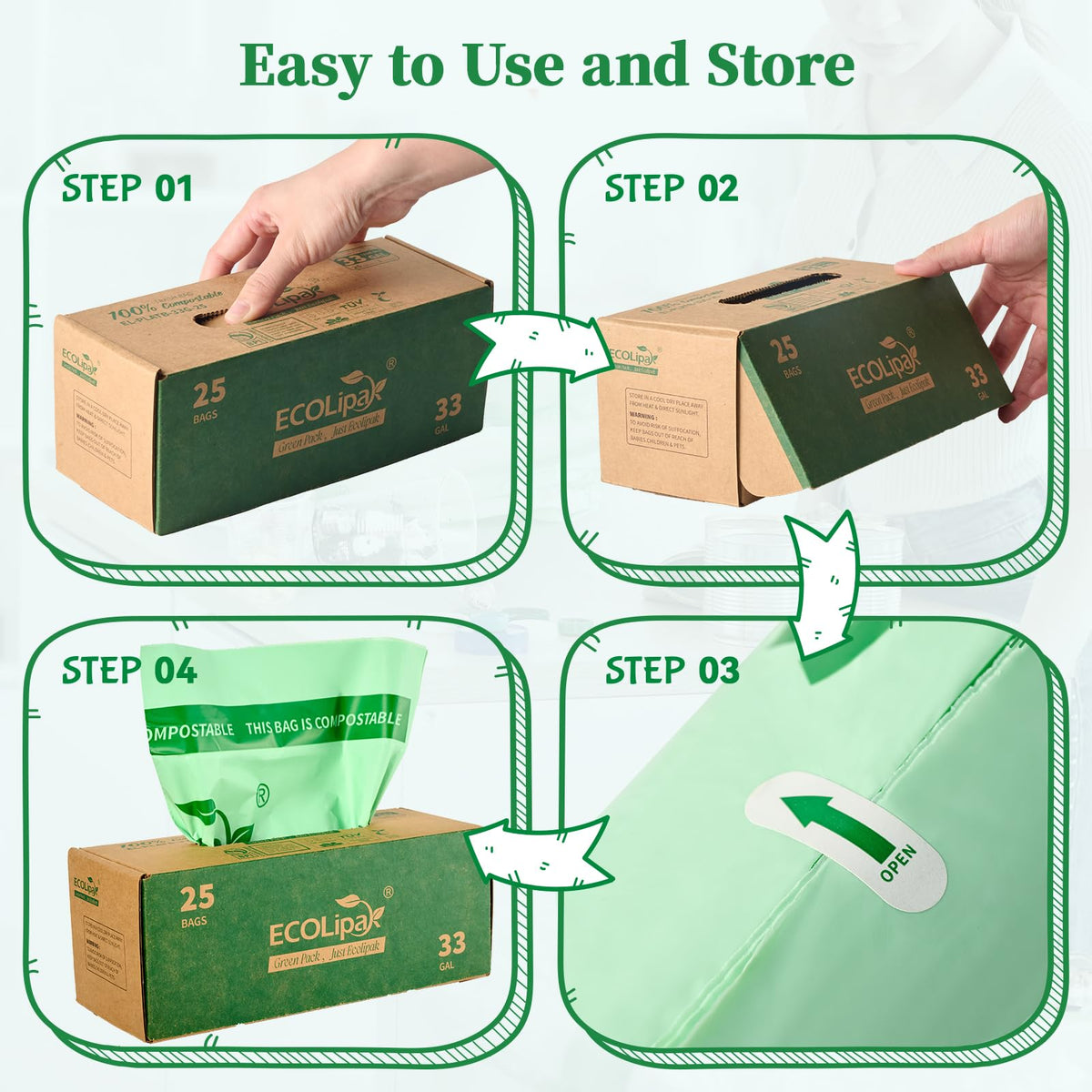 33 Gallon 25 Count Large Compostable Trash Garbage Bags for Lawn