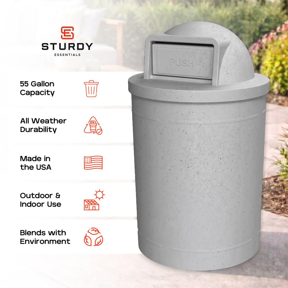 Campus Collection 55 Gallon Plastic Commercial Garbage Can with Push Lid